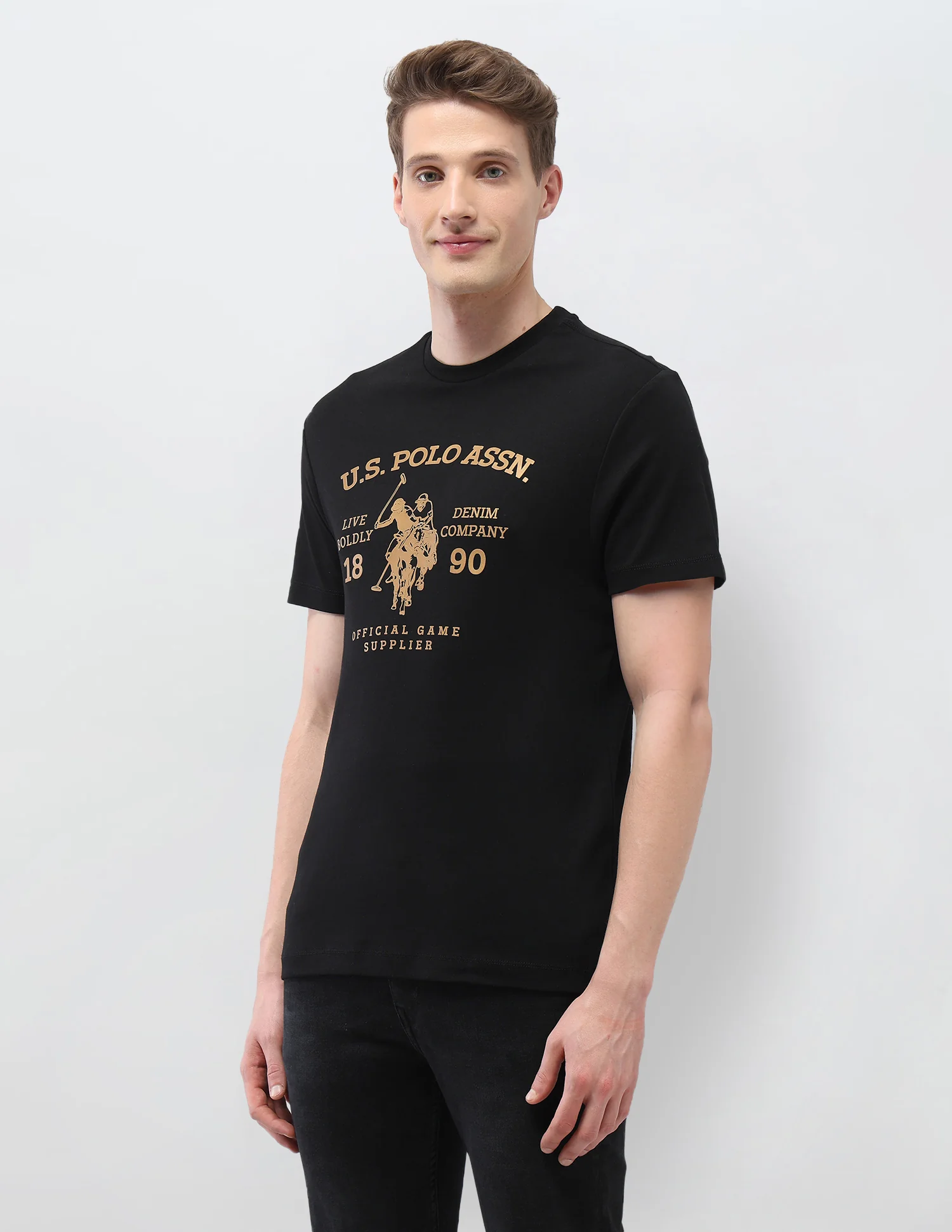 Graphic Brand Printed Slim Fit Black & Gold T-Shirt - Image 4