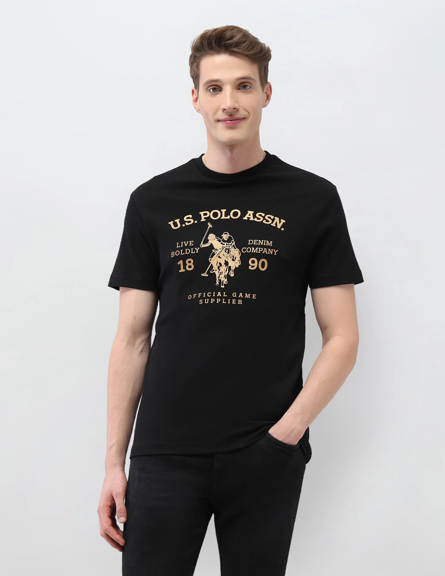 Graphic Brand Printed Slim Fit Black & Gold T-Shirt - Image 6