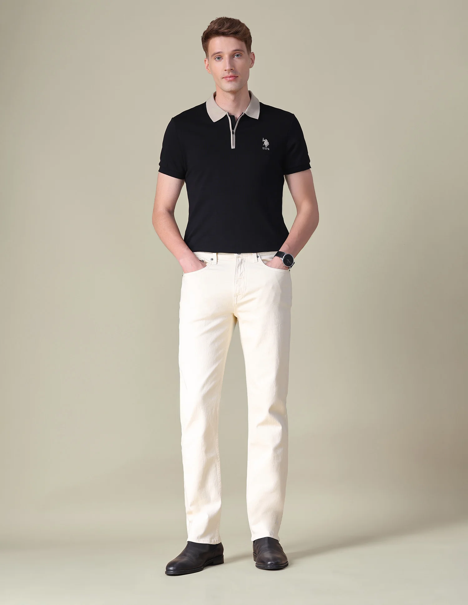 Harold Slim Straight Fit Beige Jeans - Image 3