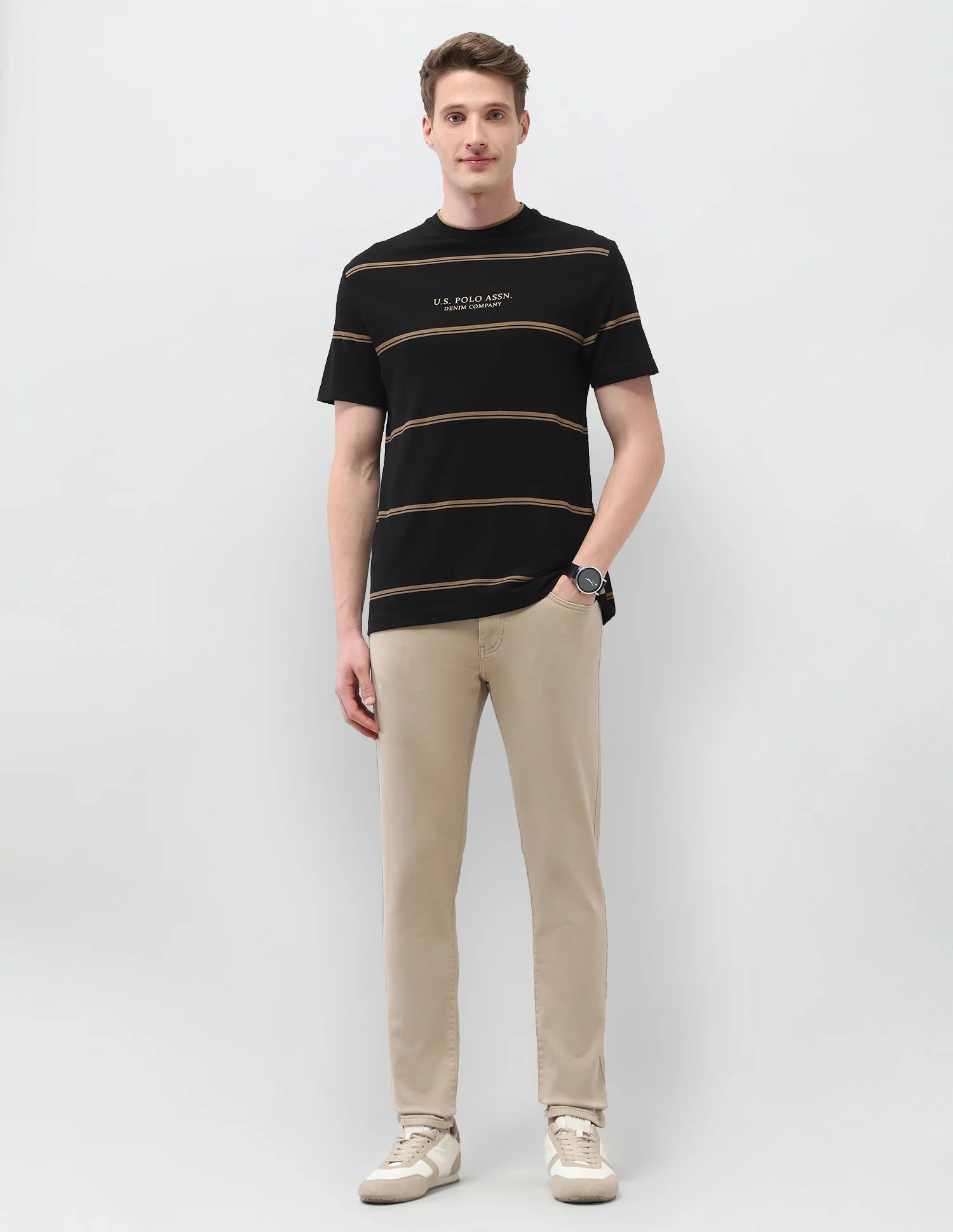 Horizontal Striped Slim Fit Black & Gold T-Shirt - Image 3