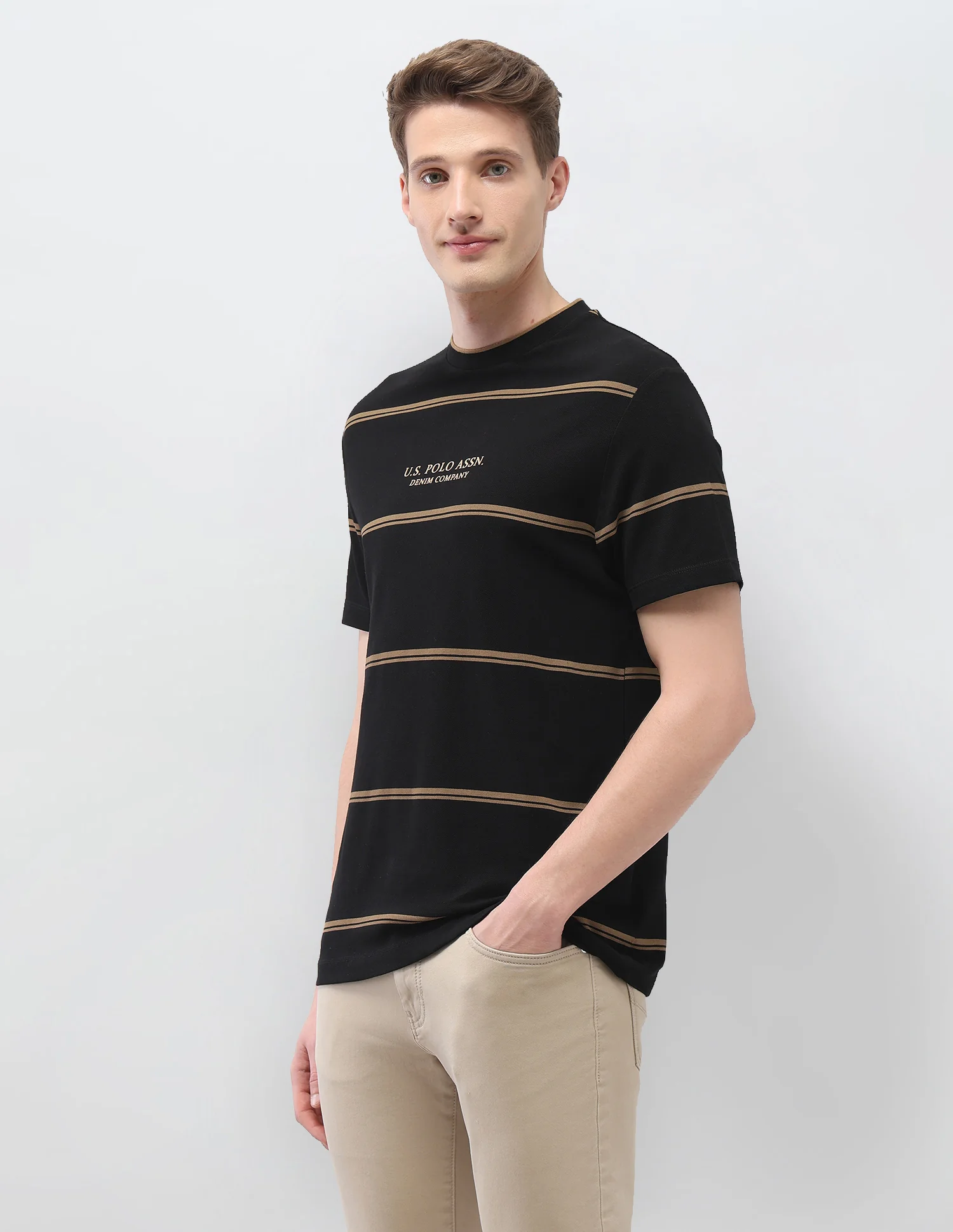 Horizontal Striped Slim Fit Black & Gold T-Shirt - Image 4