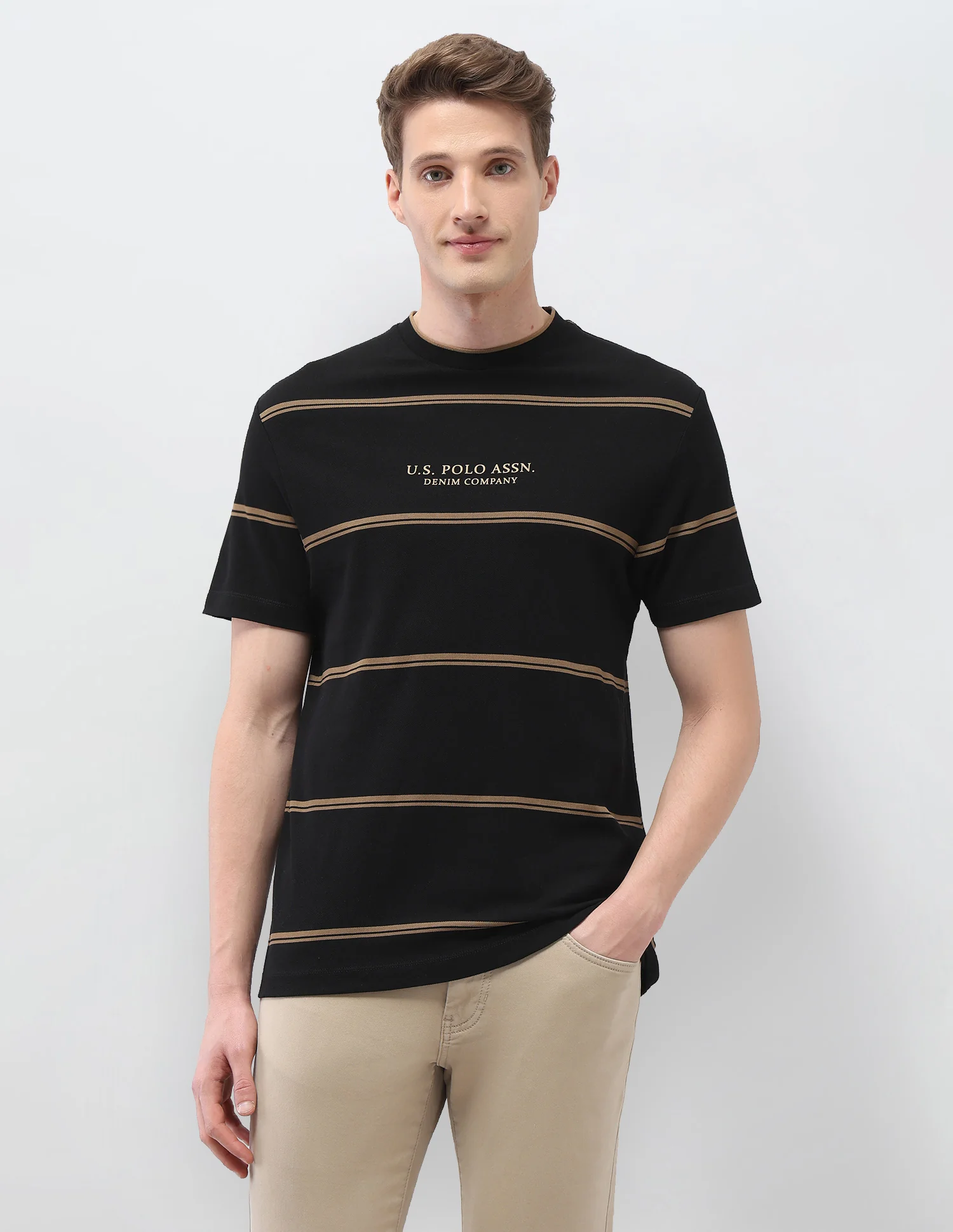Horizontal Striped Slim Fit Black & Gold T-Shirt - Image 6