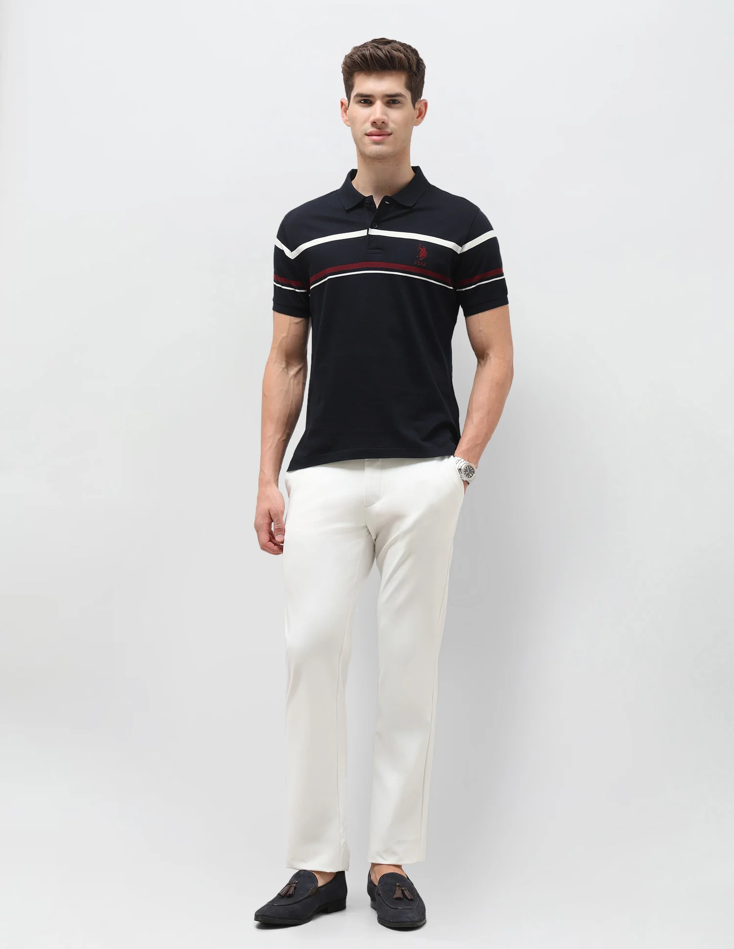 Horizontal Striped Slim Fit Polo Shirt - Image 3