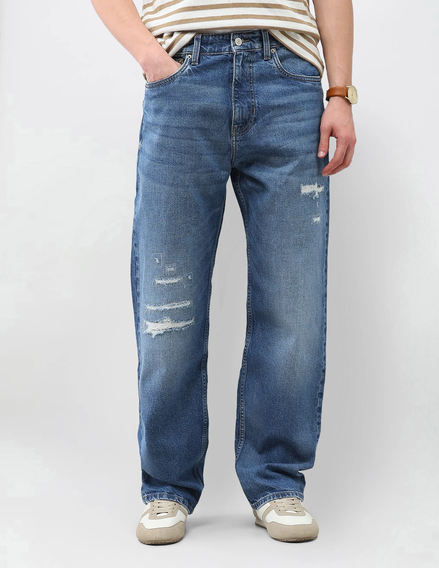 Logan Loose Straight Fit Blue Distressed Jeans