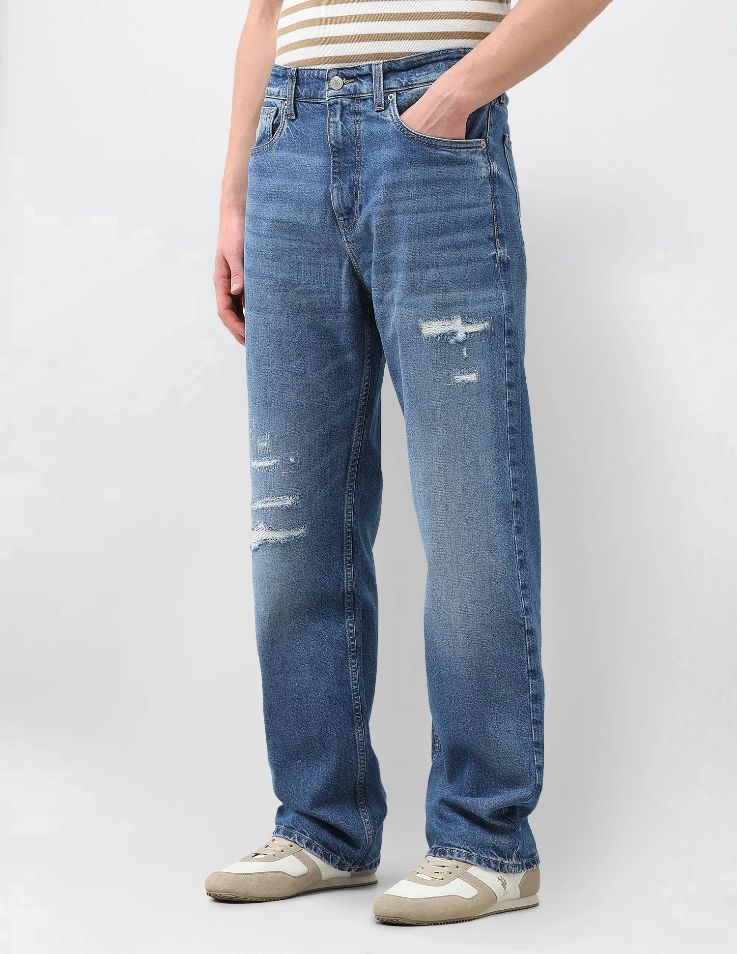 Logan Loose Straight Fit Blue Distressed Jeans - Image 4