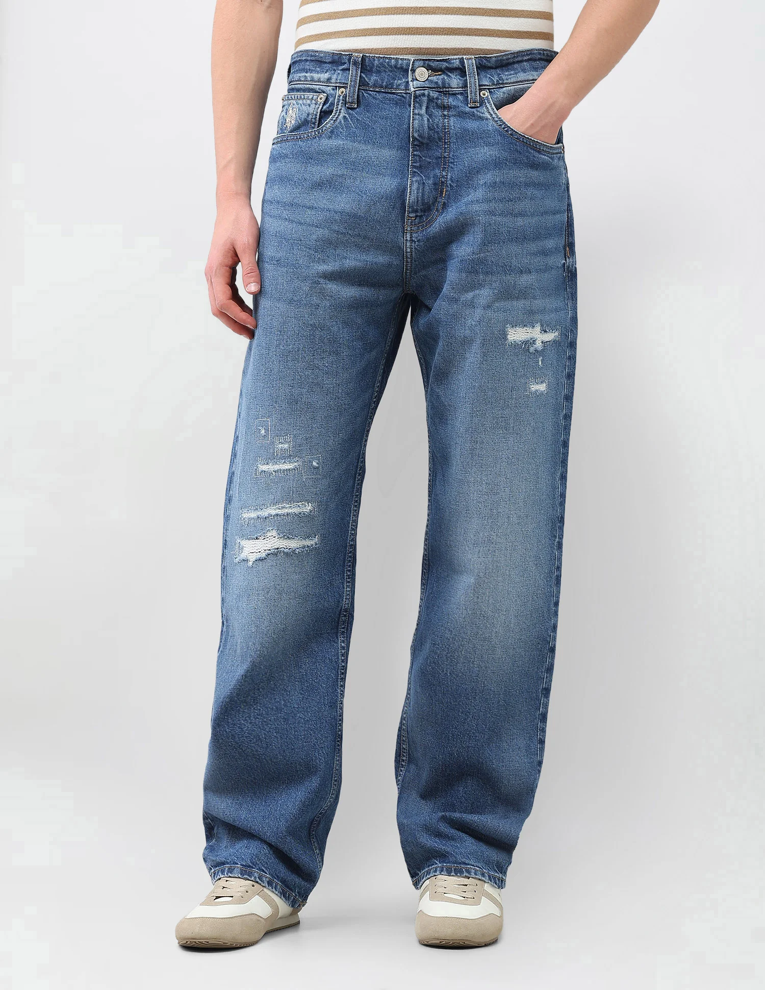 Logan Loose Straight Fit Blue Distressed Jeans - Image 6