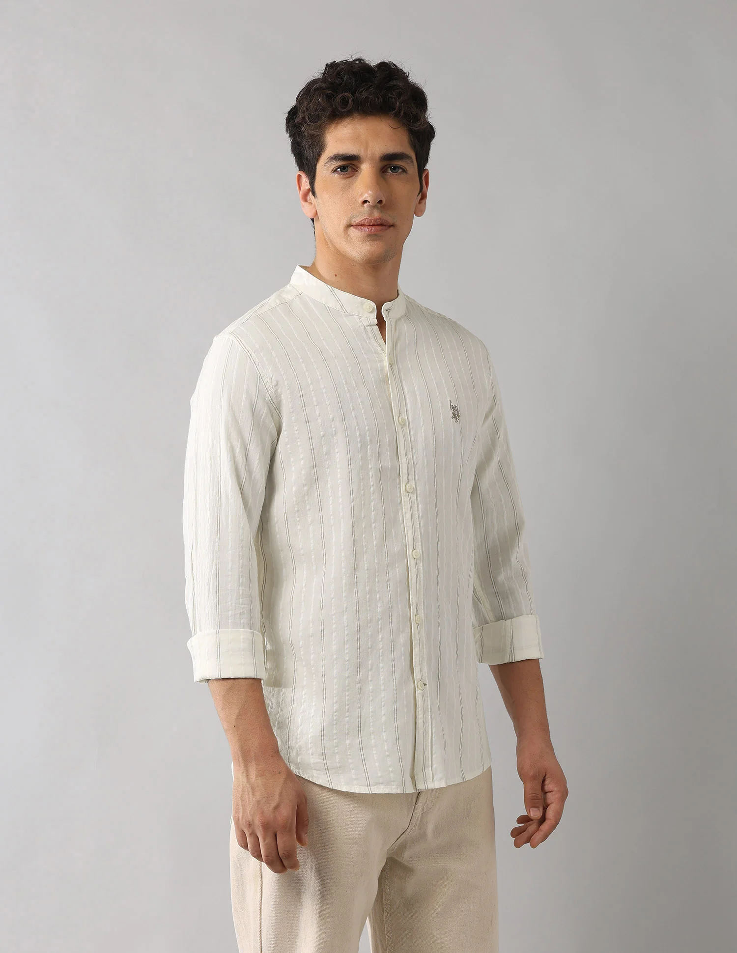 Mandarin Collar Vertical Striped Shirt - Image 4
