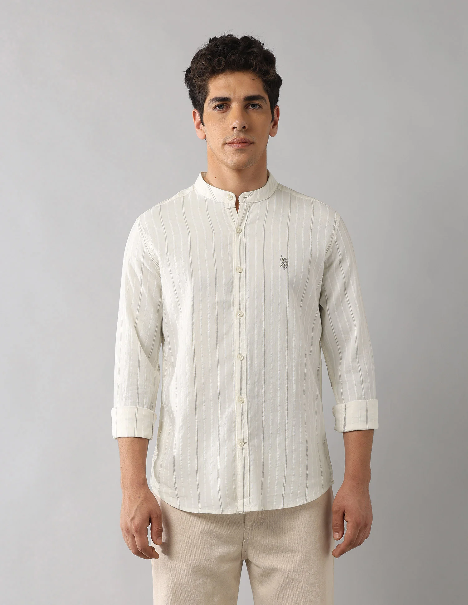 Mandarin Collar Vertical Striped Shirt - Image 6