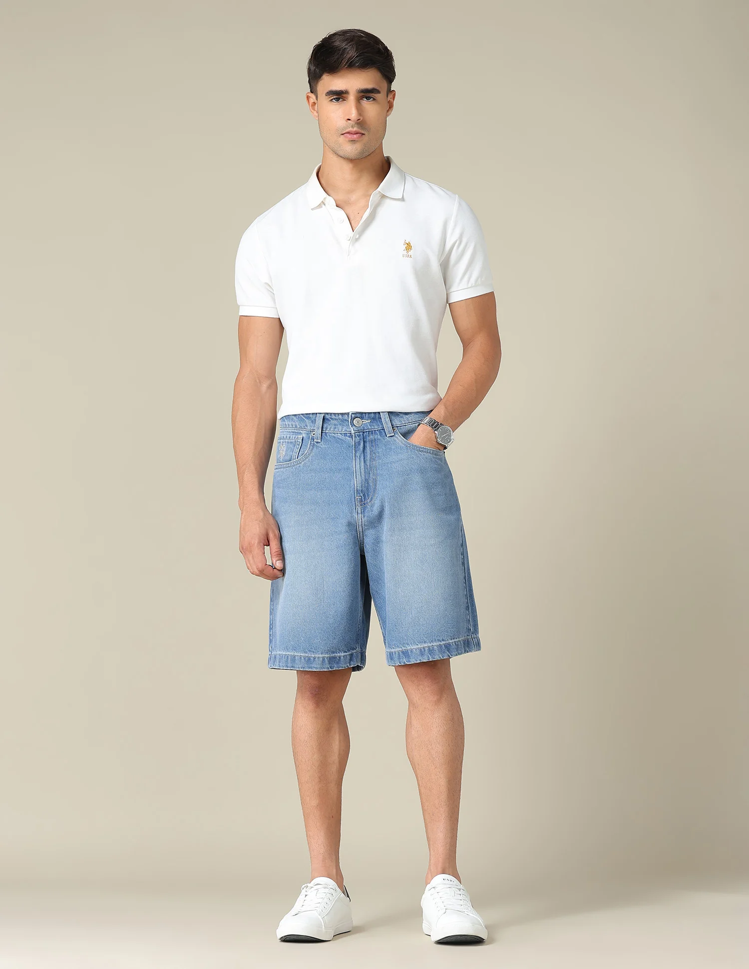 Mid Rise Solid Denim Shorts - Image 3