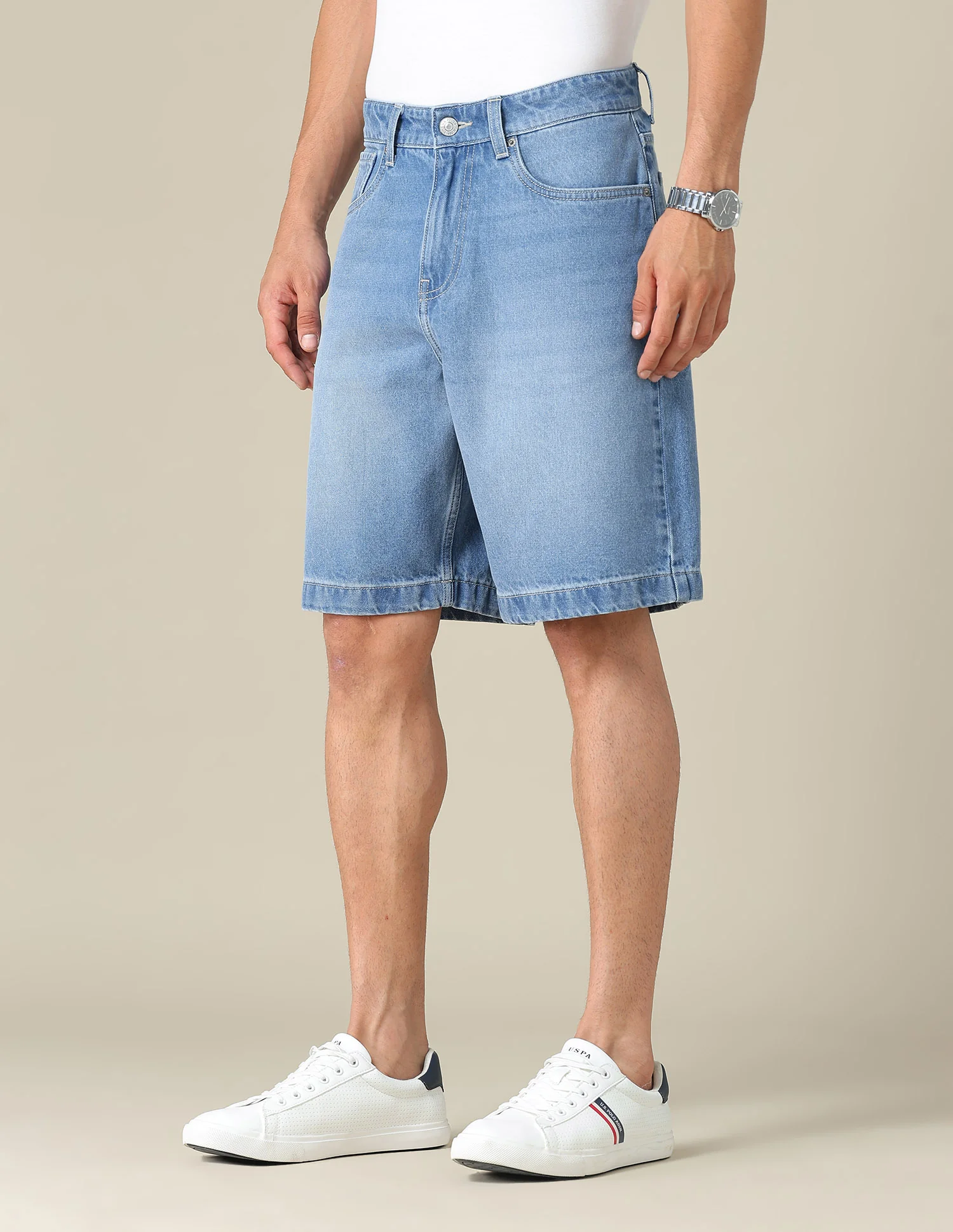 Mid Rise Solid Denim Shorts - Image 4