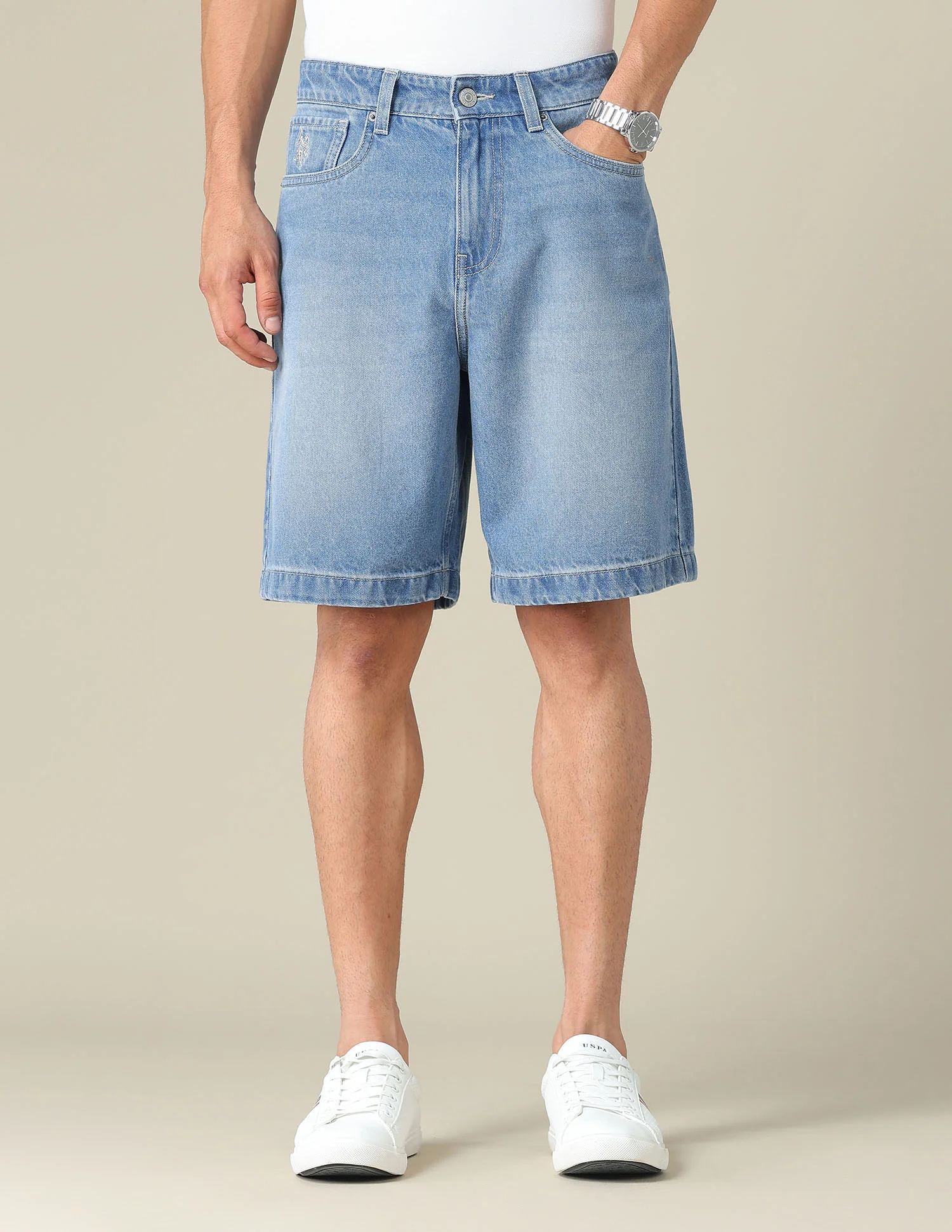 Mid Rise Solid Denim Shorts - Image 6