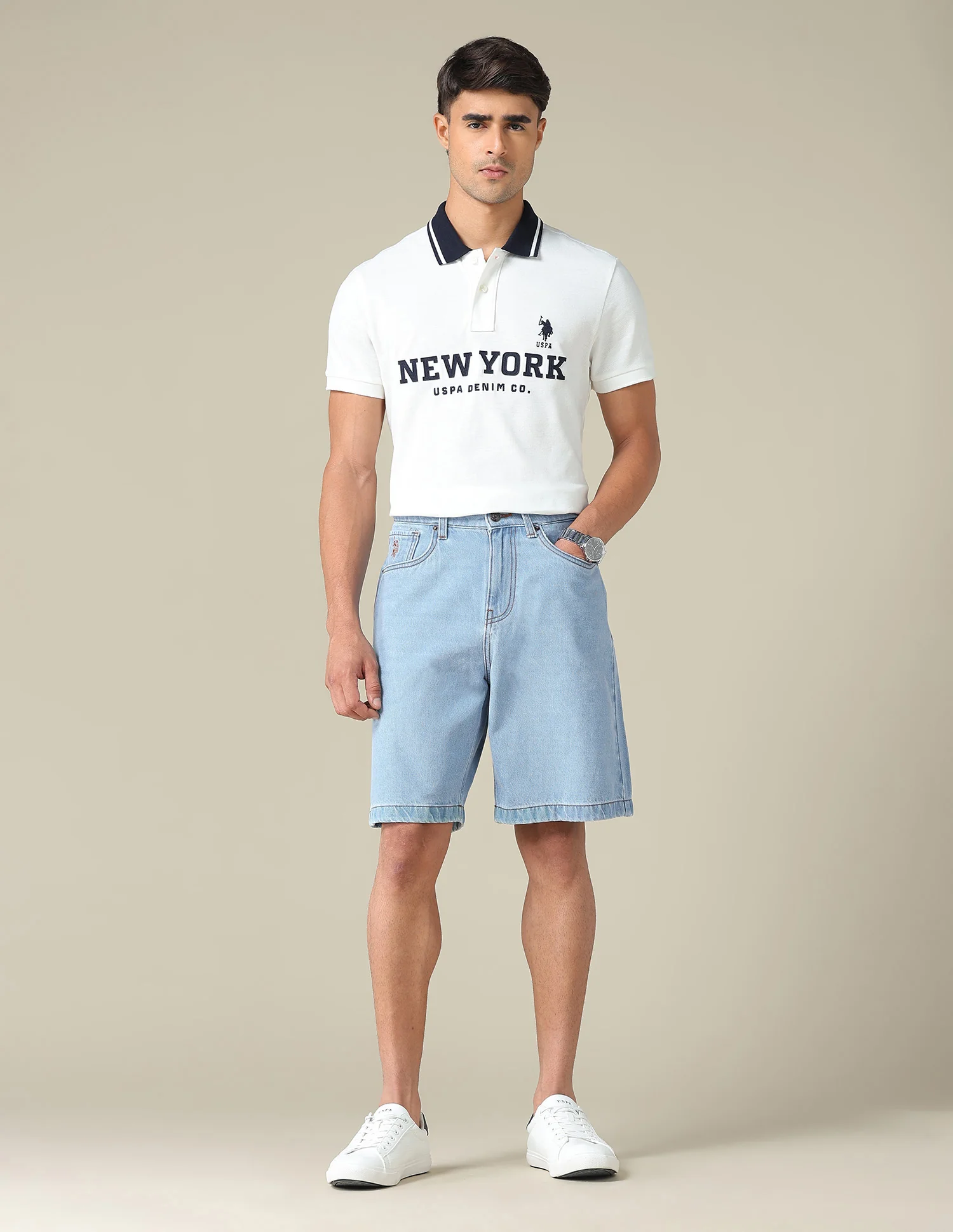 Mid Rise Solid Denim Shorts - Image 3