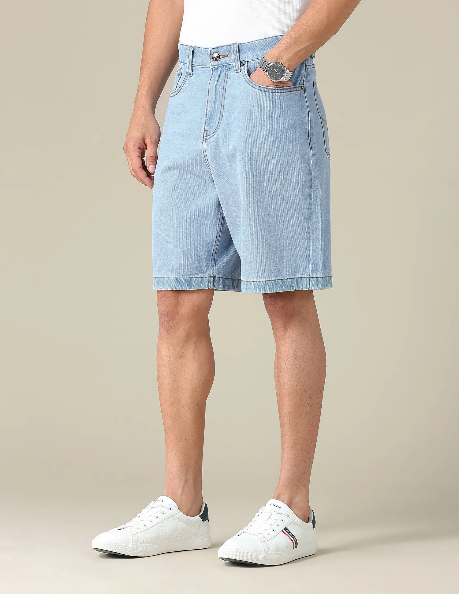 Mid Rise Solid Denim Shorts - Image 4