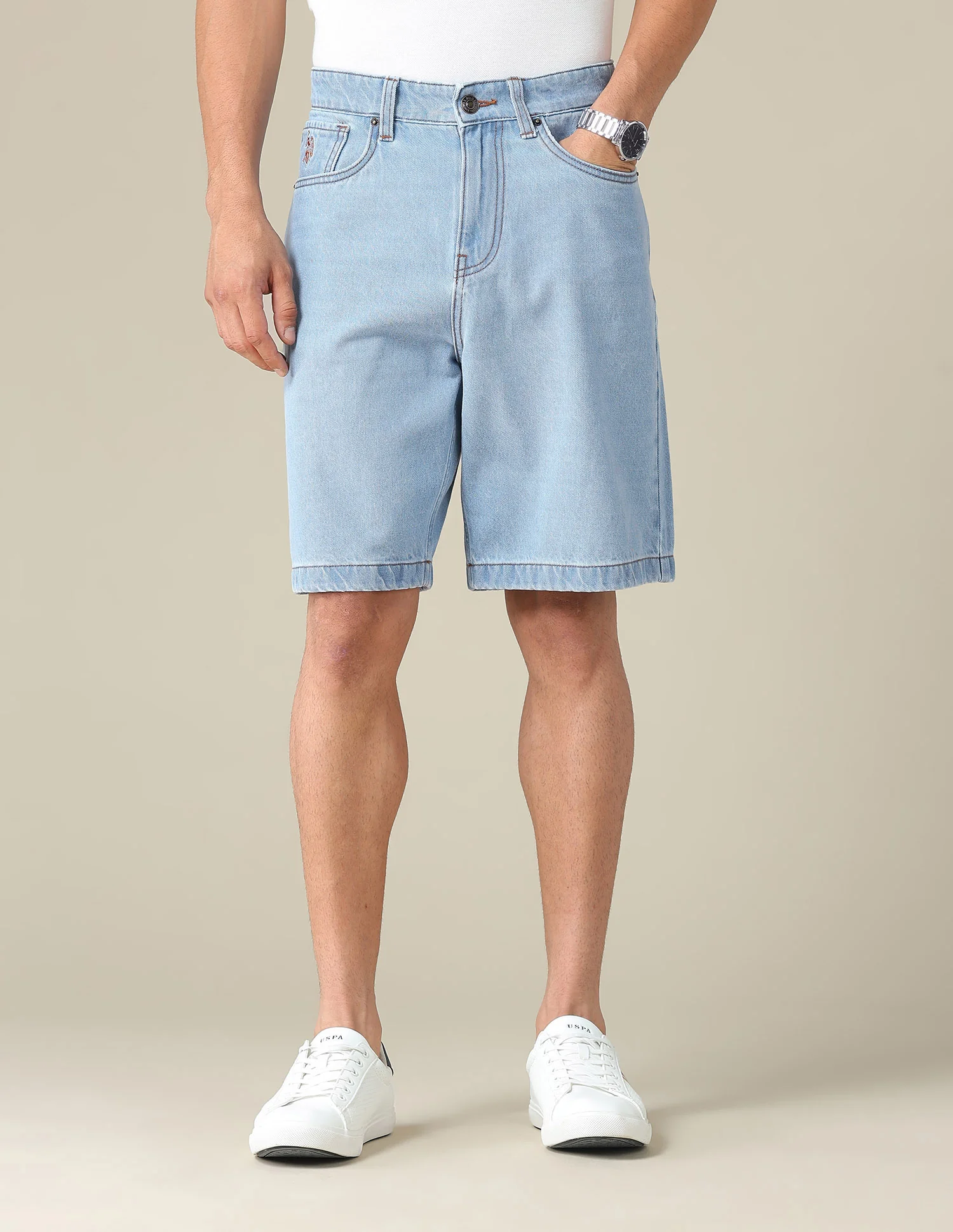 Mid Rise Solid Denim Shorts - Image 6