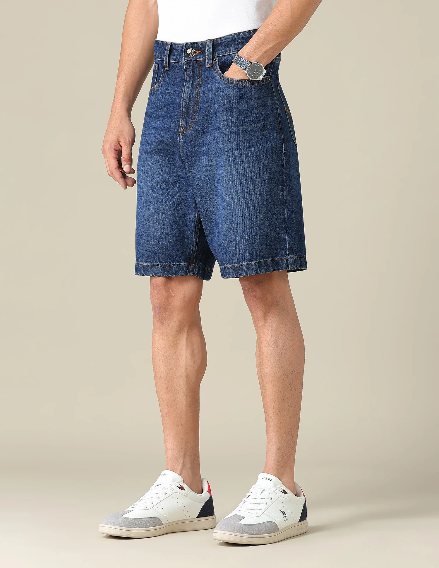 Mid Rise Solid Denim Shorts - Image 4