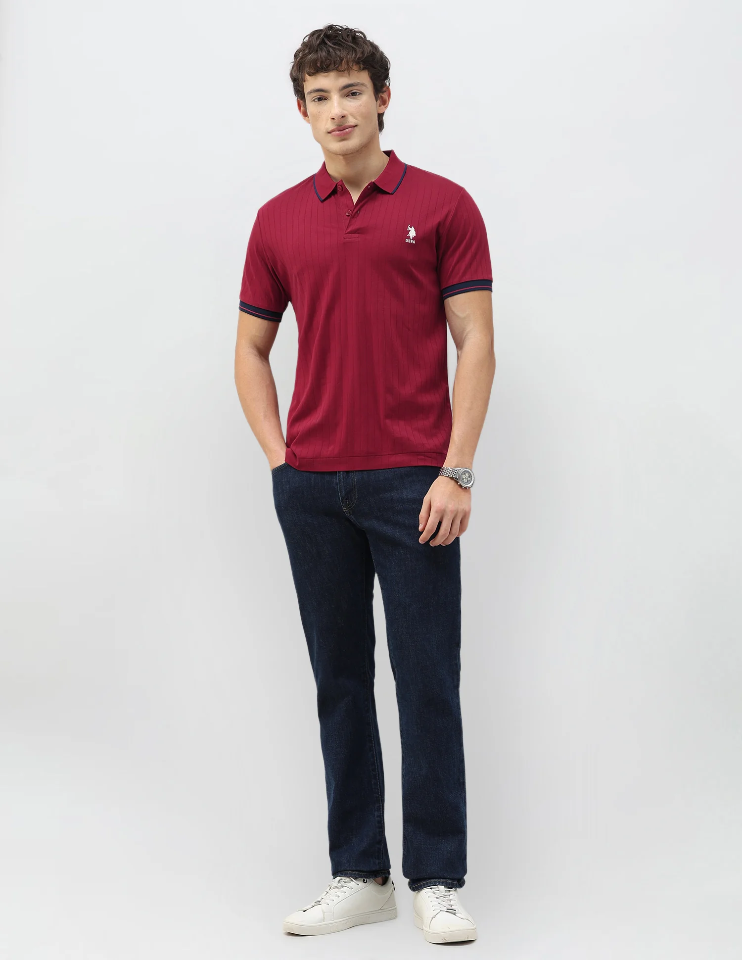 New Port Marina Vertical Striped Patterned Knit Polo Shirt - Image 3