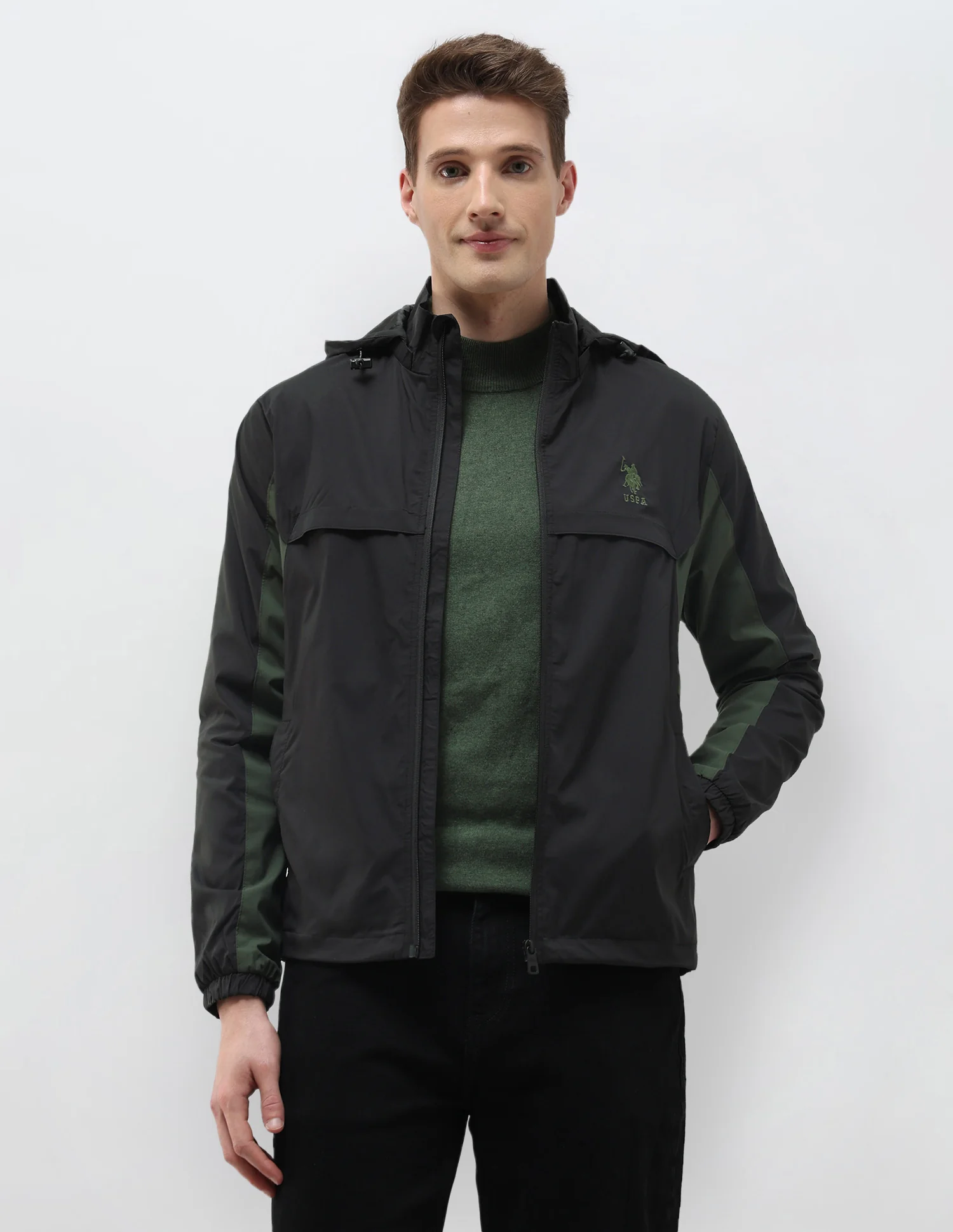 Packable Detachable Hood Colour Blocked Jacket