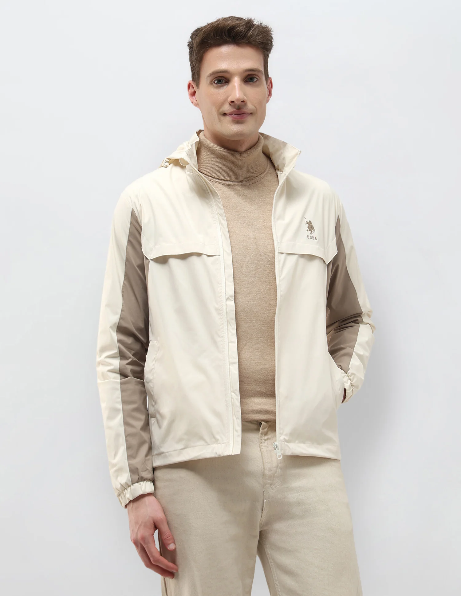Packable Detachable Hood Colour Blocked Jacket