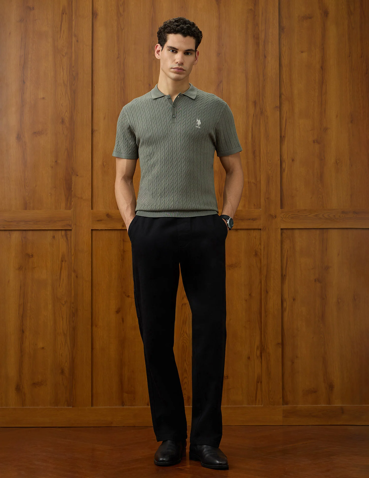 Patterned Knit Equestrian Aisle Theater Polo Shirt - Image 3