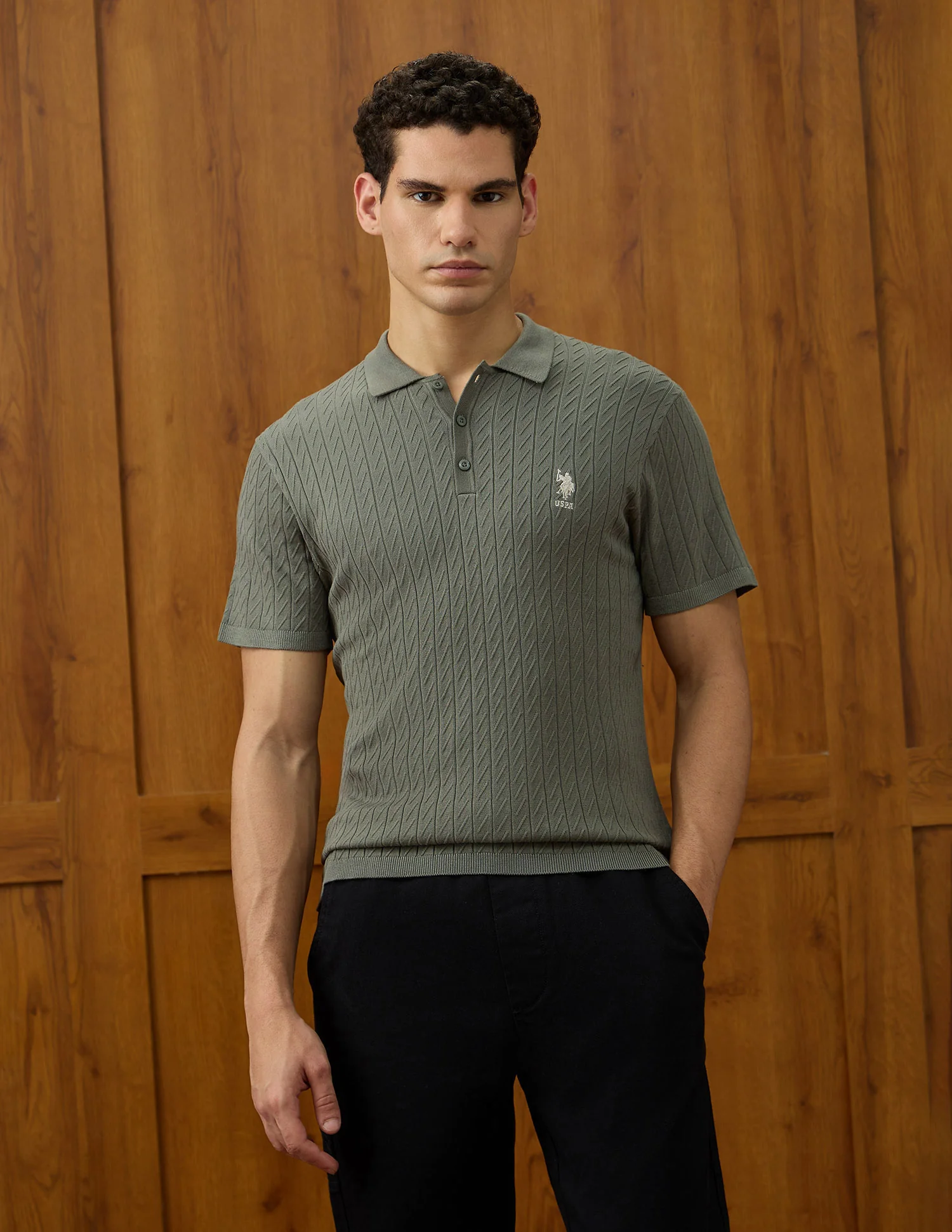 Patterned Knit Equestrian Aisle Theater Polo Shirt - Image 6