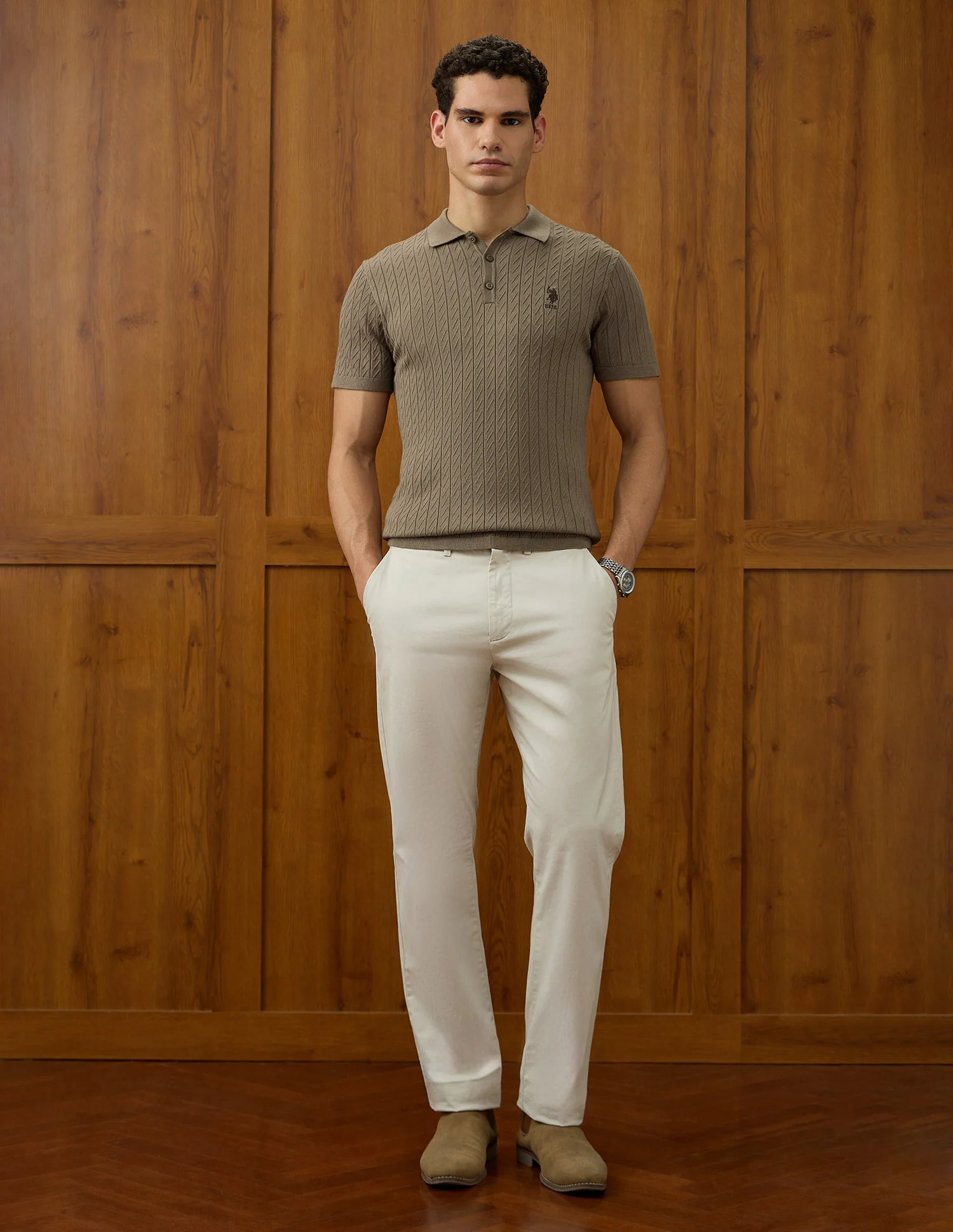 Patterned Knit Equestrian Aisle Theater Polo Shirt - Image 3