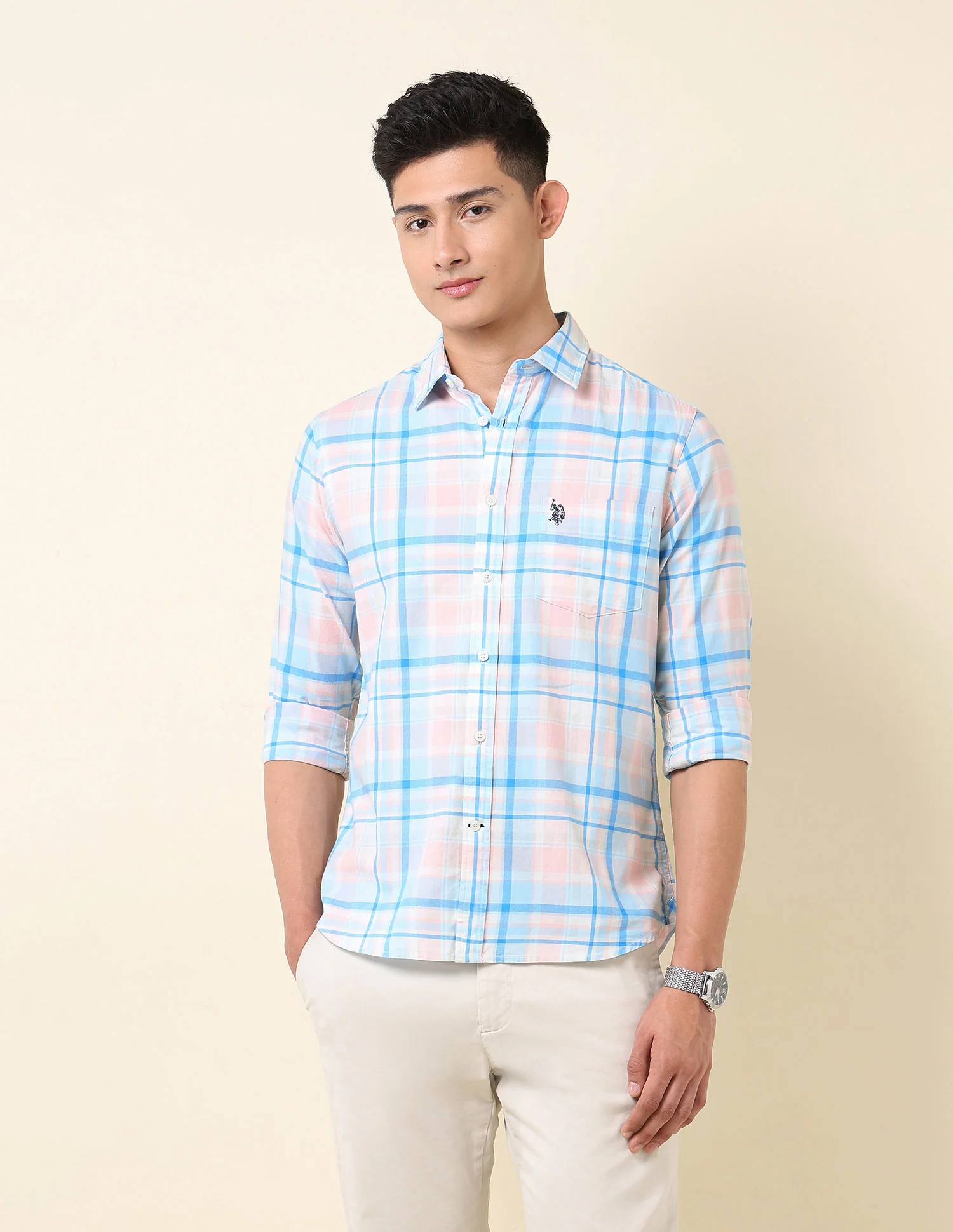 Pure Cotton Grid Tattersall Checked Shirt