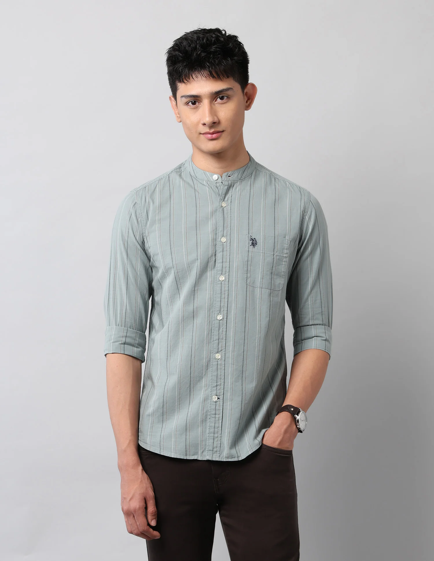 Pure Cotton Vertical Striped Mandarin Shirt