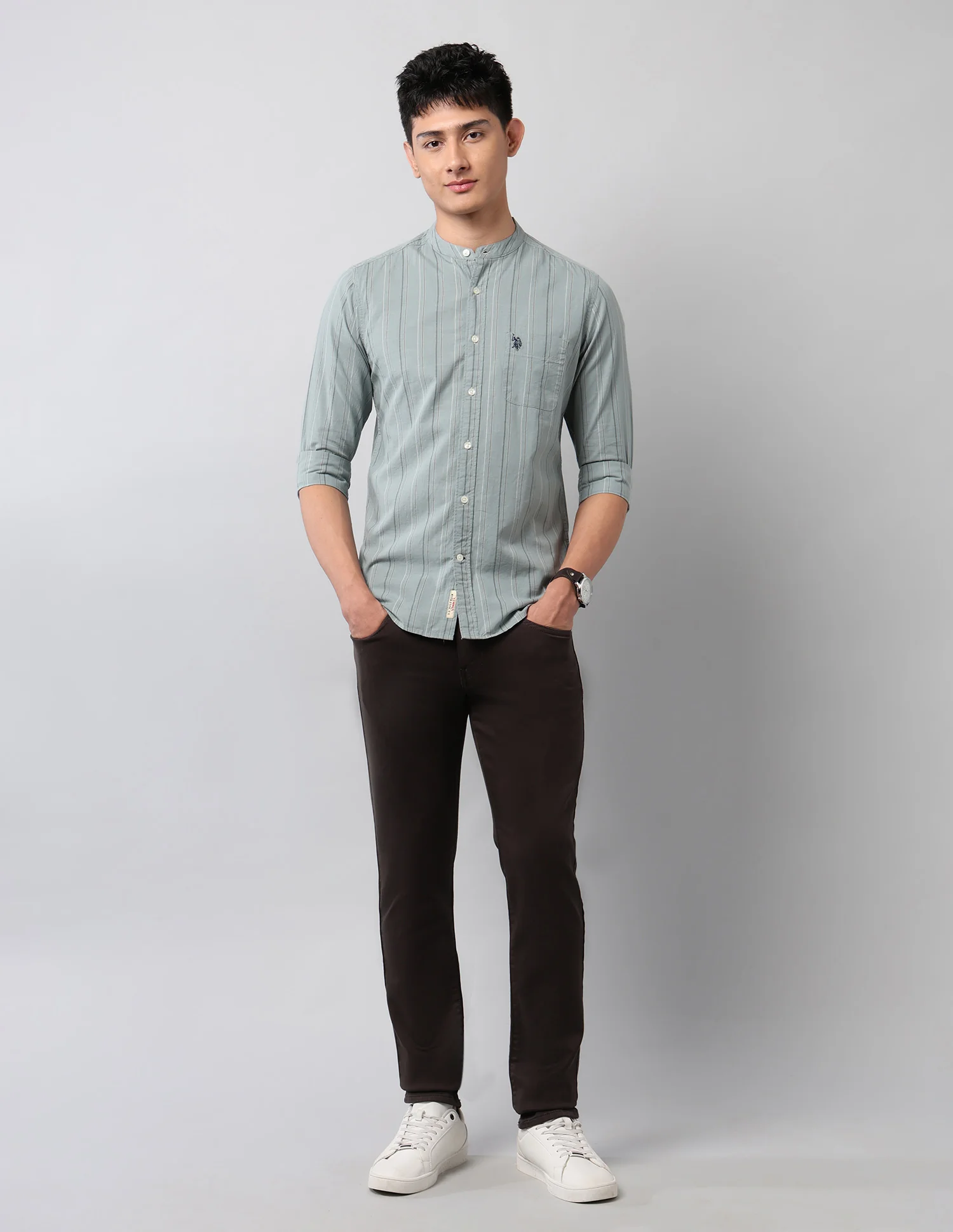 Pure Cotton Vertical Striped Mandarin Shirt - Image 3