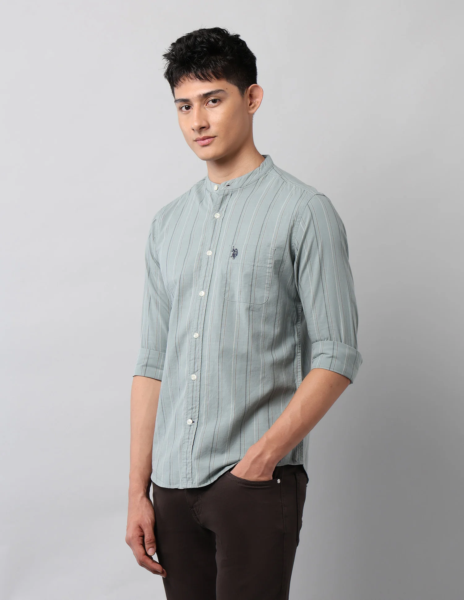 Pure Cotton Vertical Striped Mandarin Shirt - Image 4