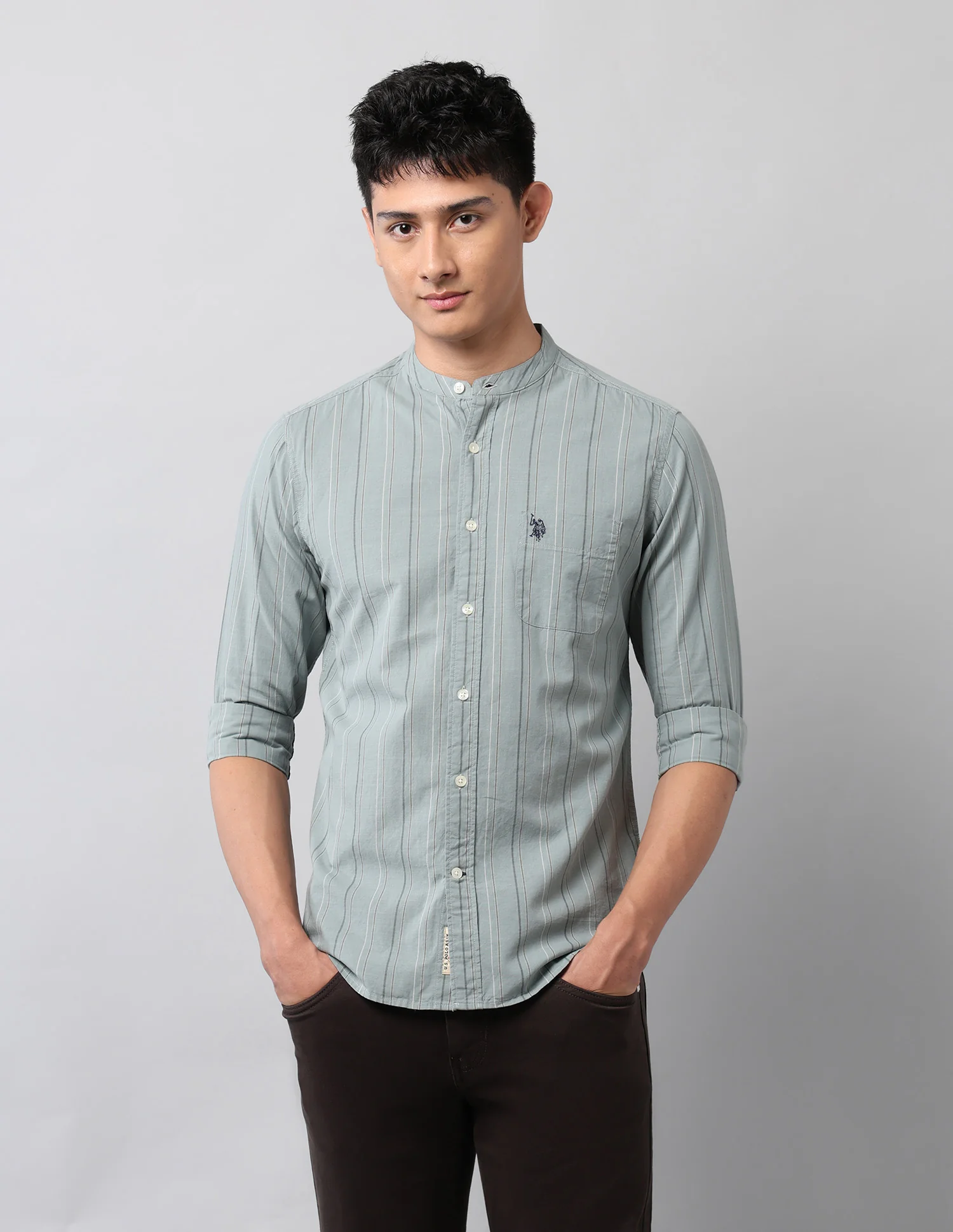 Pure Cotton Vertical Striped Mandarin Shirt - Image 6