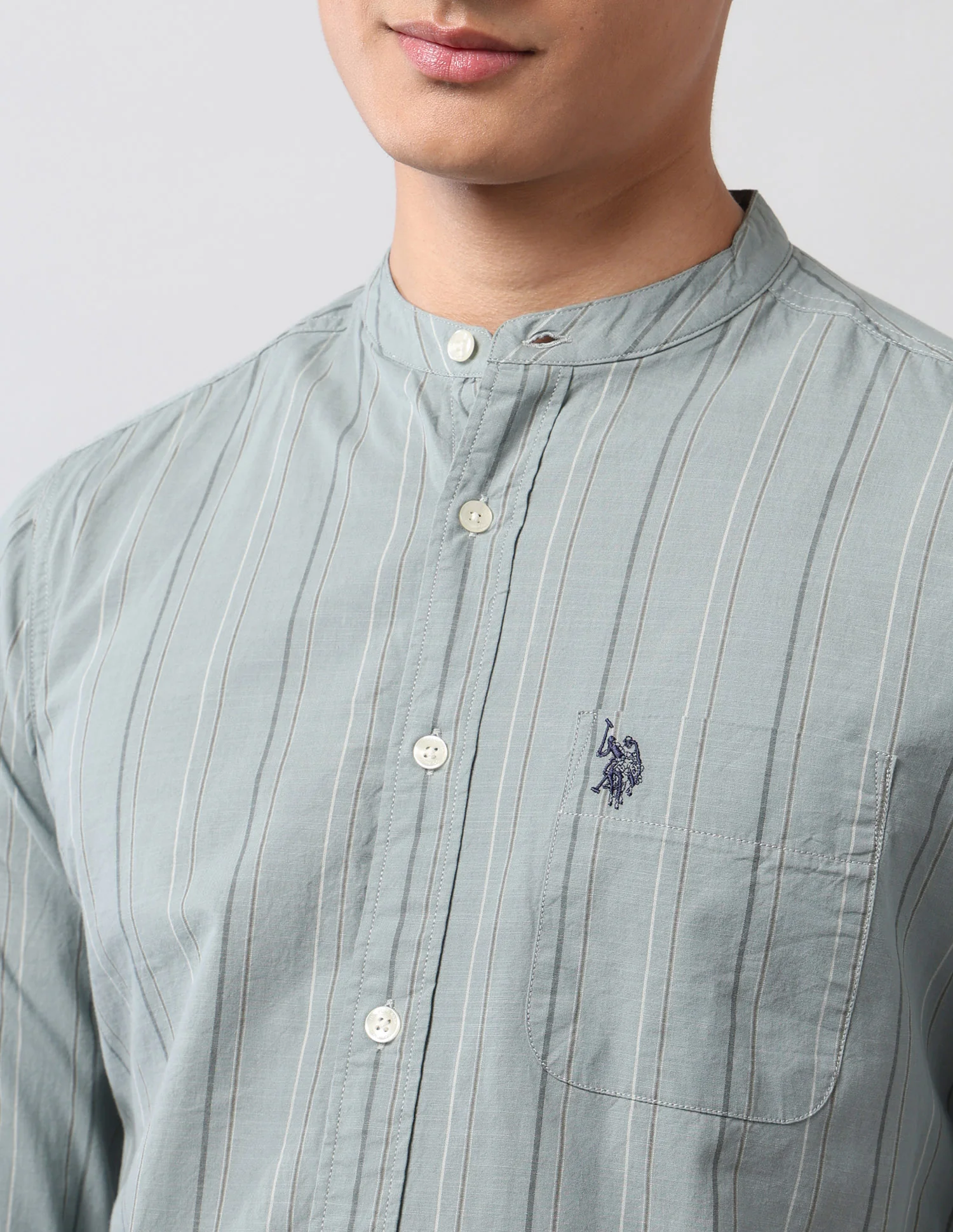 Pure Cotton Vertical Striped Mandarin Shirt - Image 7