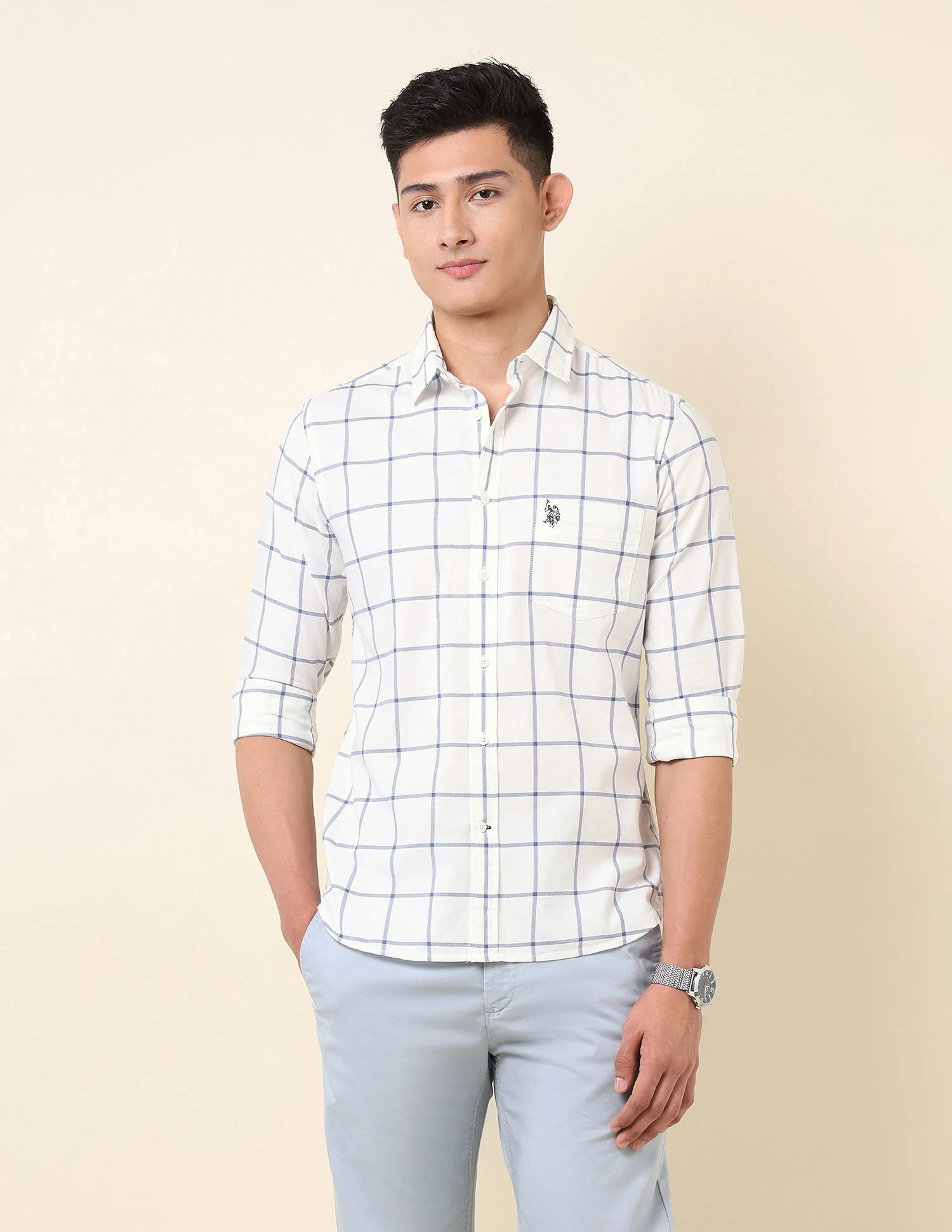 Pure Cotton Windowpane Checked Shirt