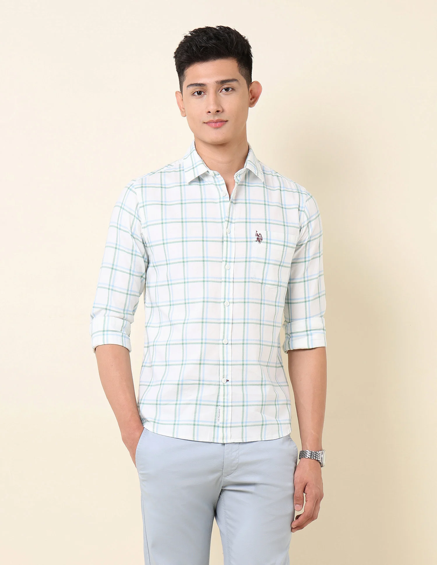 Pure Cotton Windowpane Checked Shirt