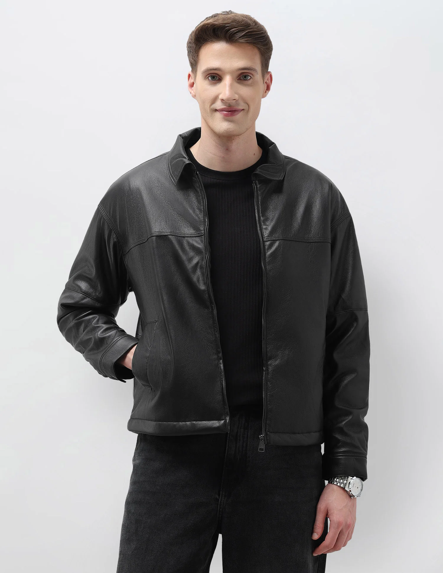 Regular Fit Solid Leather Jacket