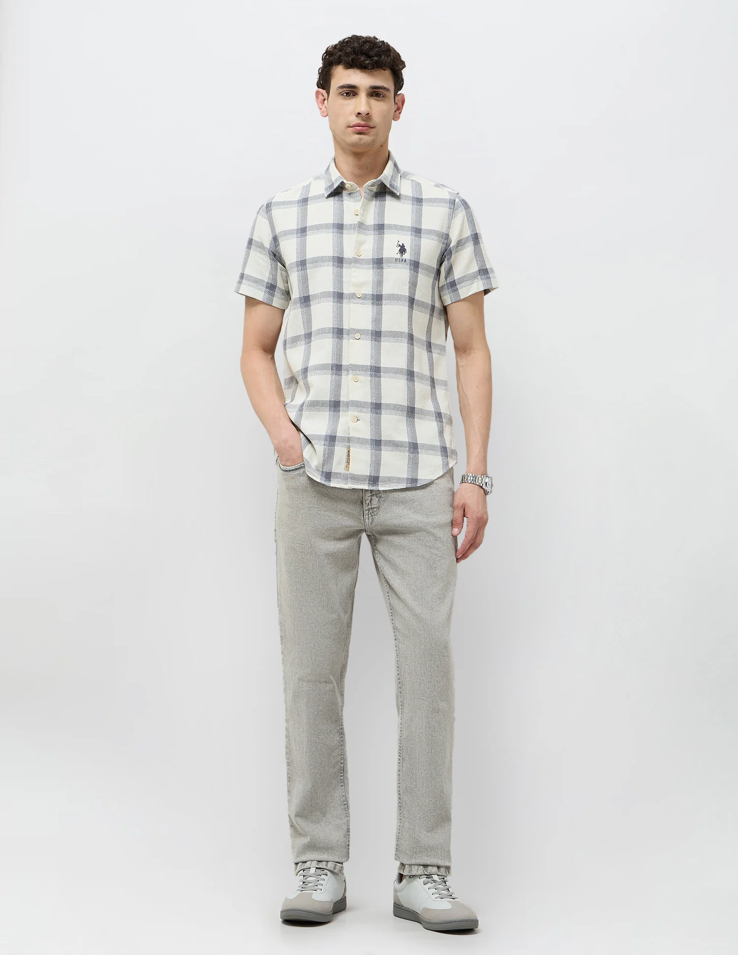Regular Fit Textured With Grid Checked Shirt - Image 3
