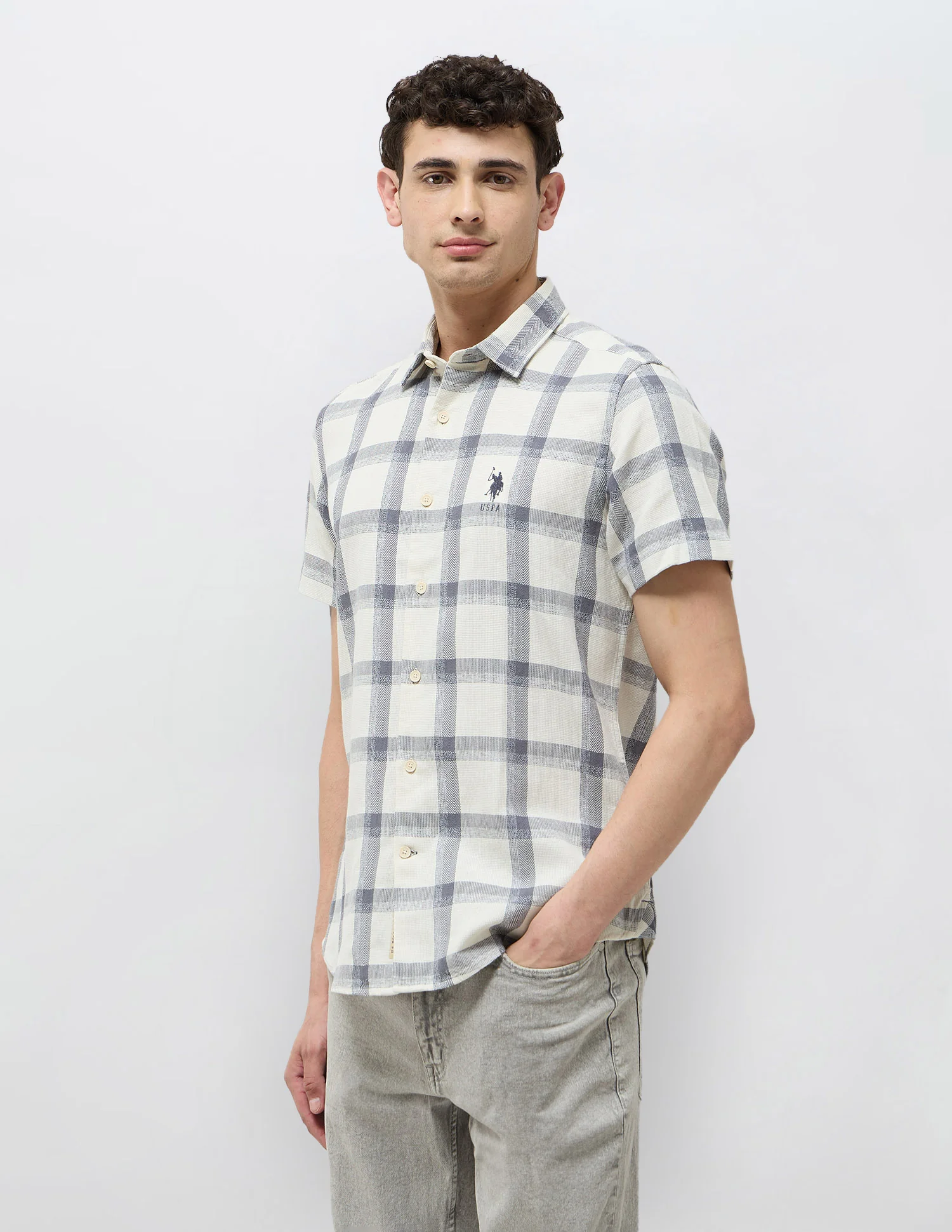 Regular Fit Textured With Grid Checked Shirt - Image 4
