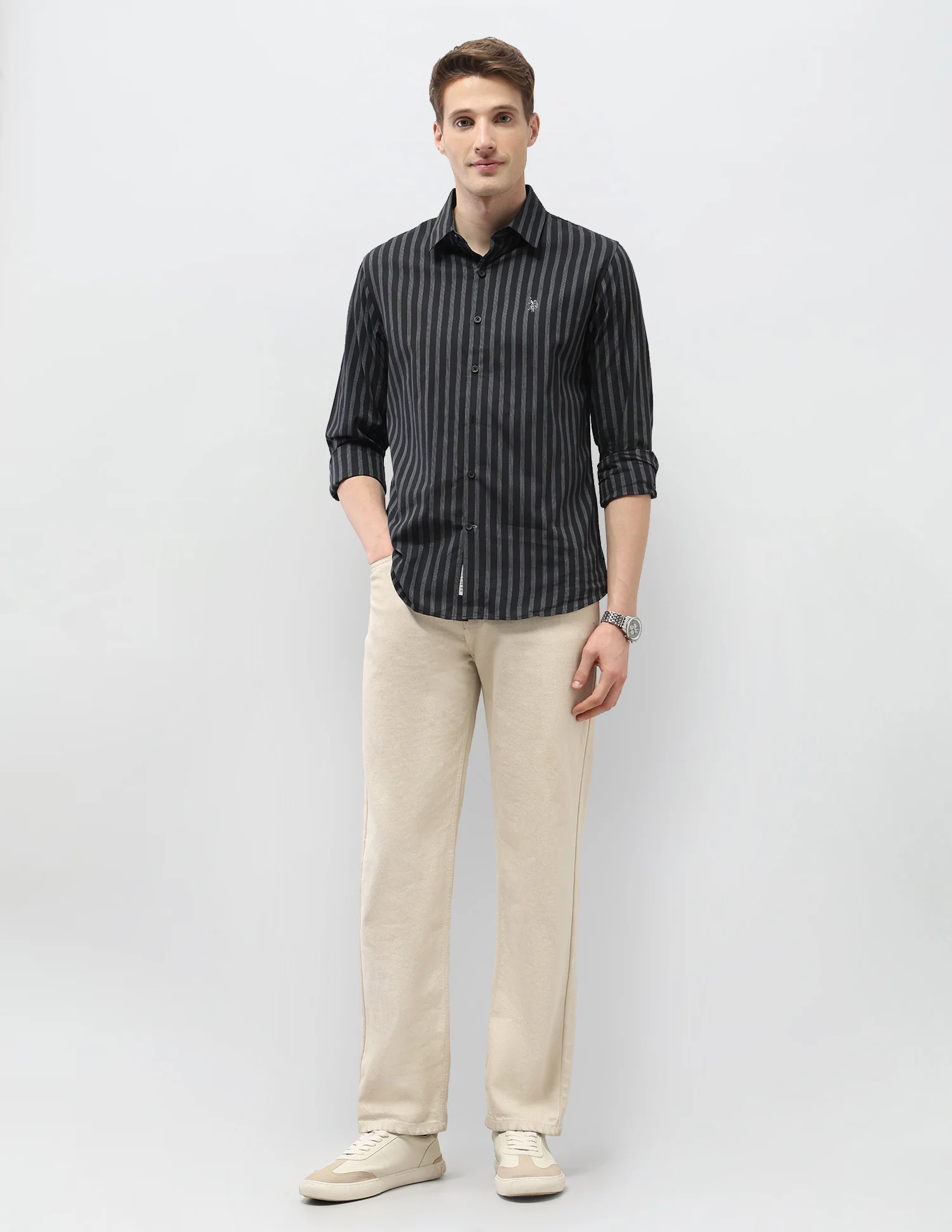 Regular Fit Vertical Striped Black & Gold Shirt - Image 3