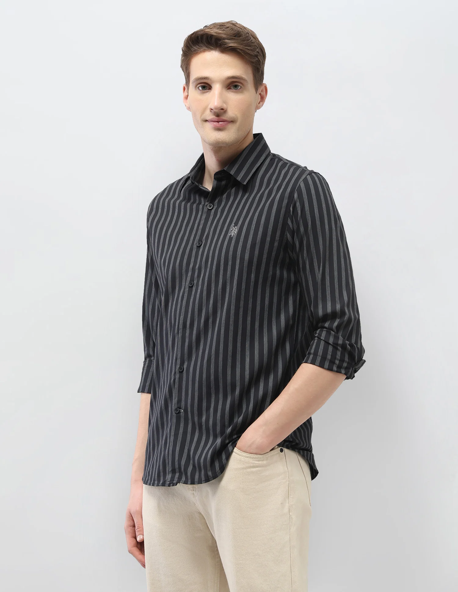 Regular Fit Vertical Striped Black & Gold Shirt - Image 4