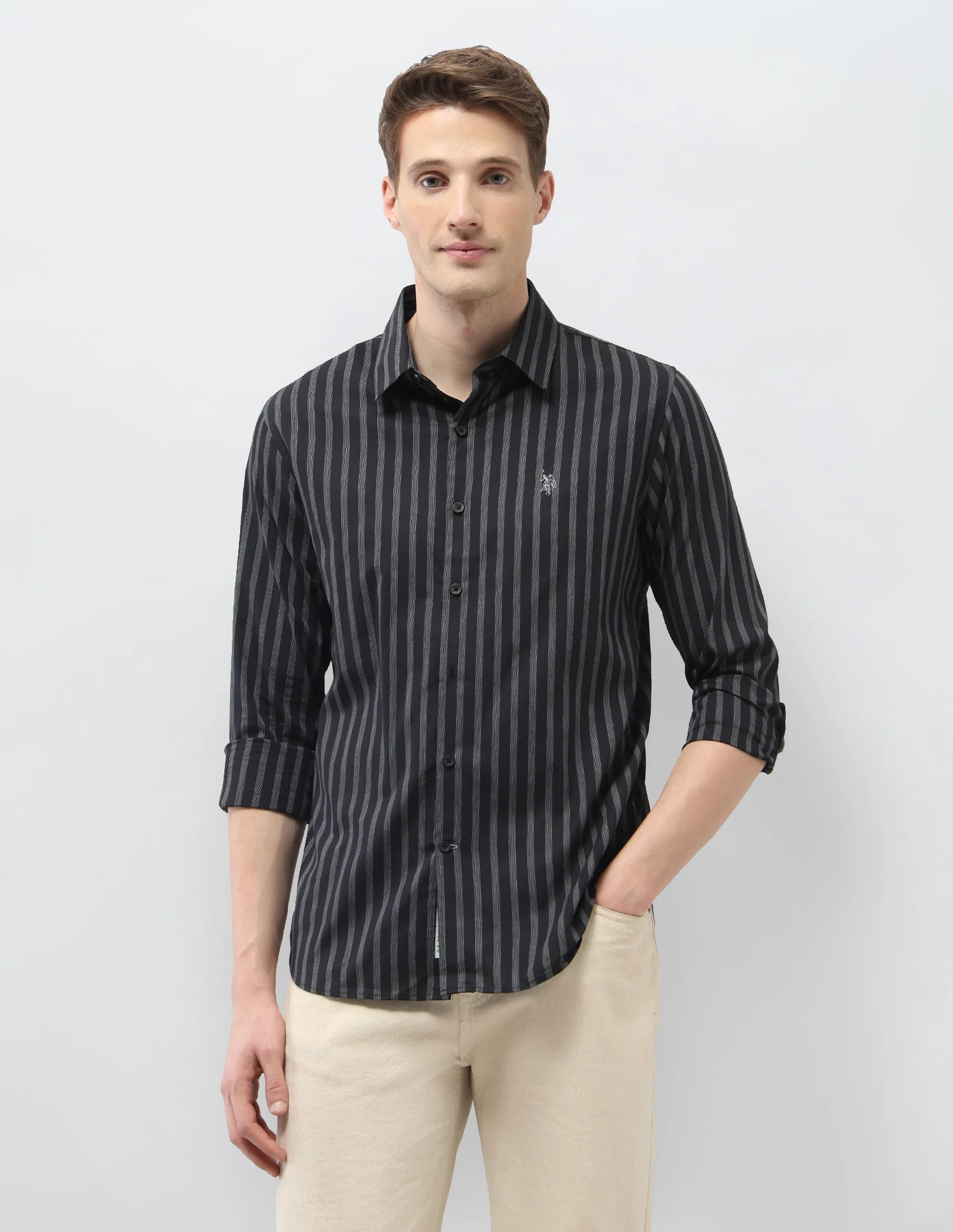 Regular Fit Vertical Striped Black & Gold Shirt - Image 6