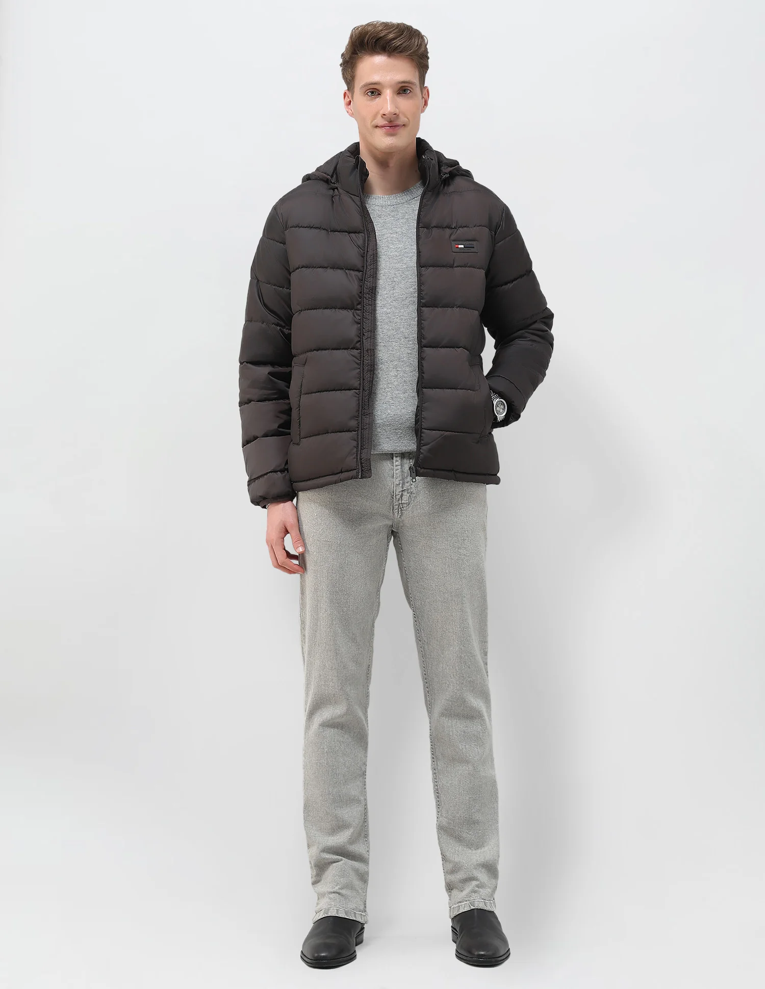Removable Hood Solid Puffer Jacket - Image 3