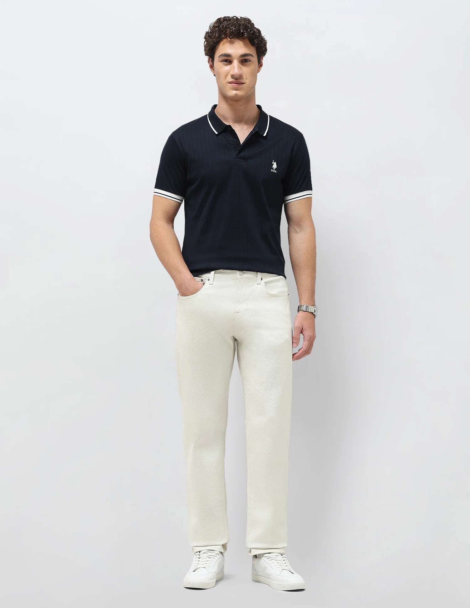 Self Design Vertical Striped Slim Fit Polo Shirt - Image 3
