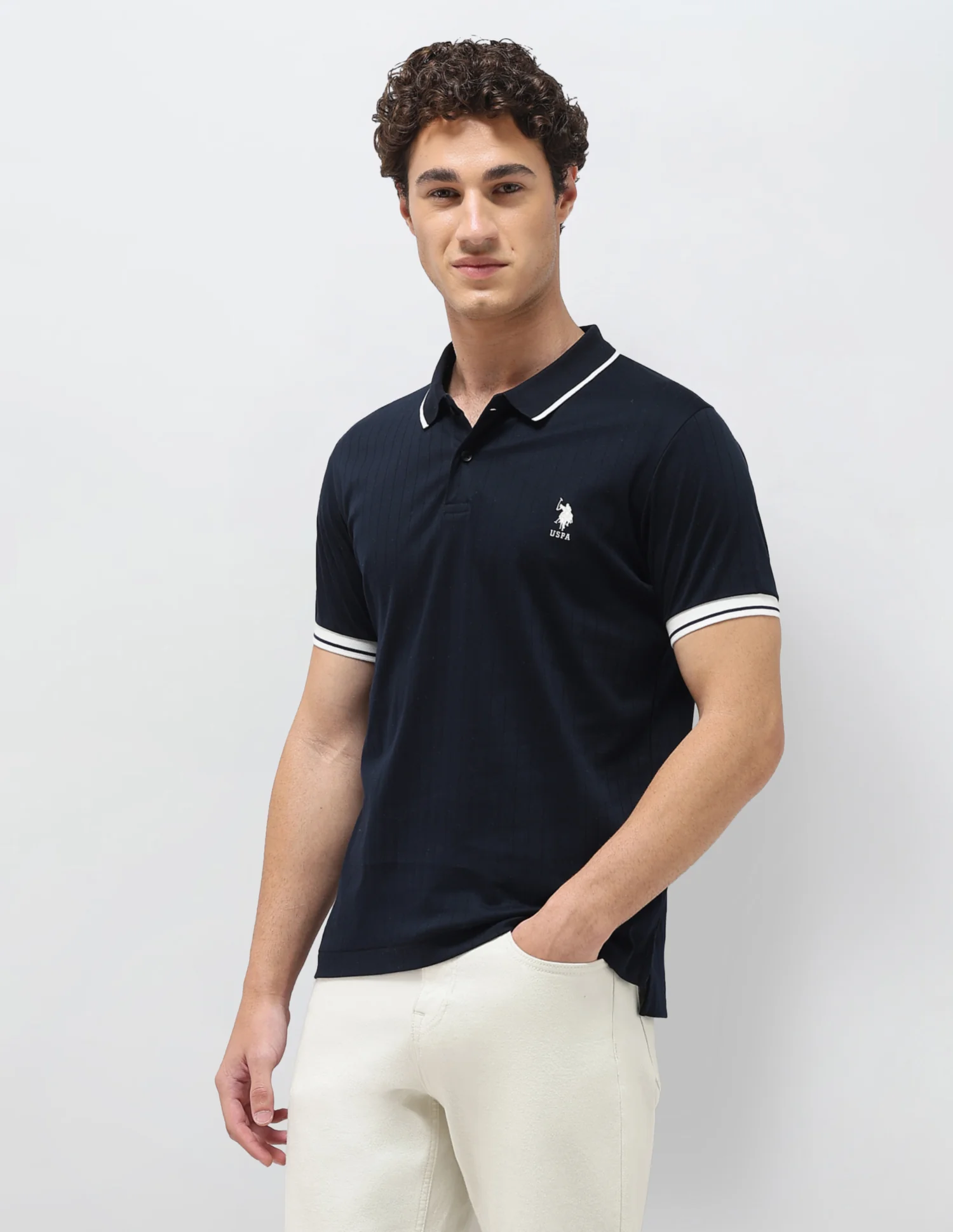 Self Design Vertical Striped Slim Fit Polo Shirt - Image 4