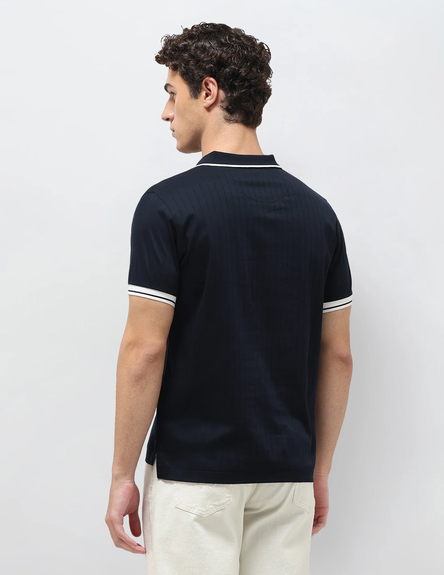 Self Design Vertical Striped Slim Fit Polo Shirt - Image 5
