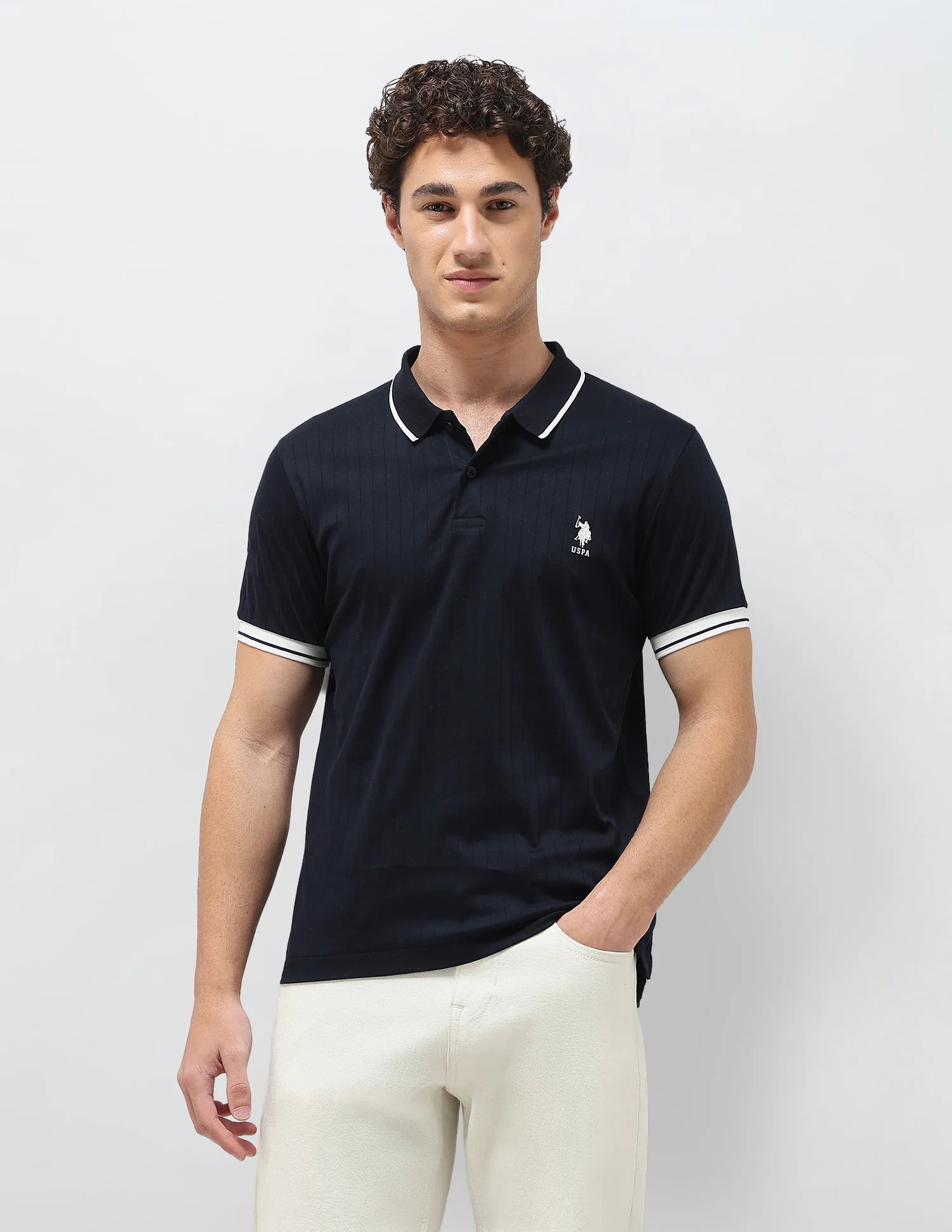 Self Design Vertical Striped Slim Fit Polo Shirt - Image 6