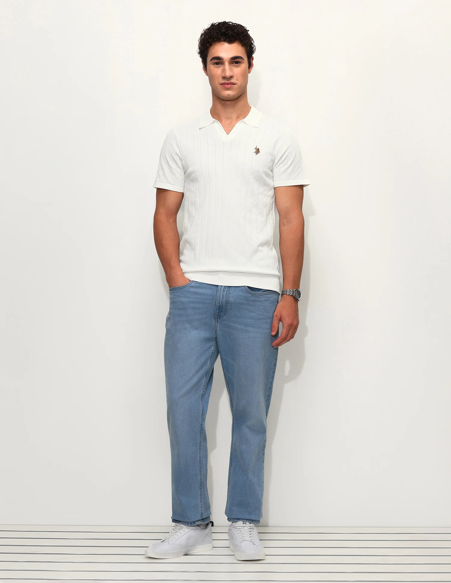 Self Design Vertical Striped Slim Fit Polo Shirt - Image 3