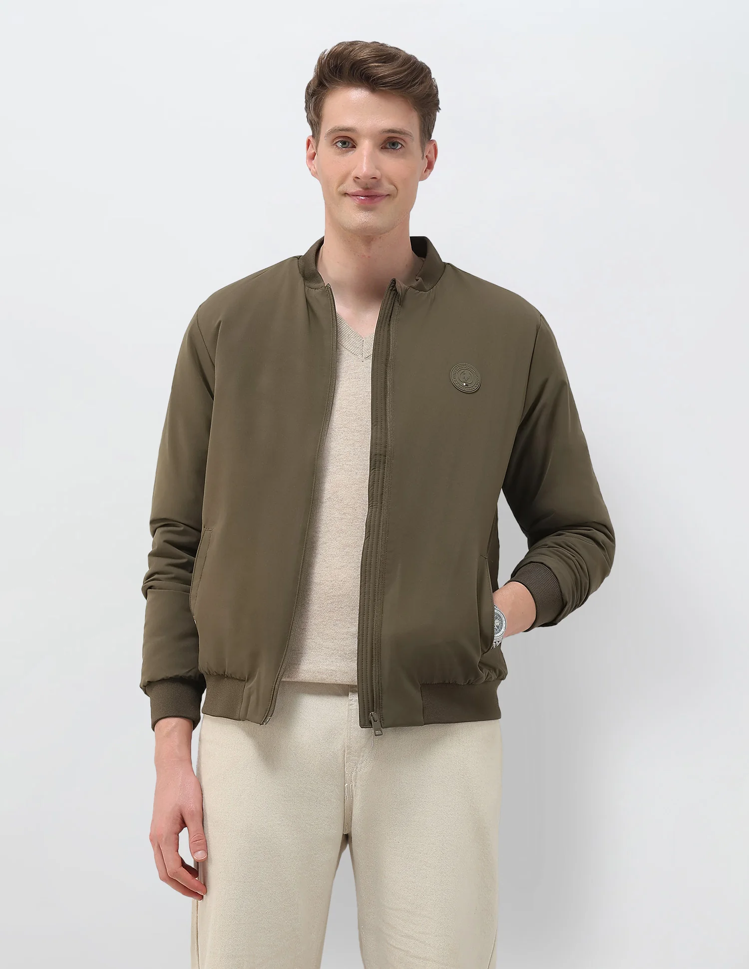 Solid Regular Fit Bomber Jacket