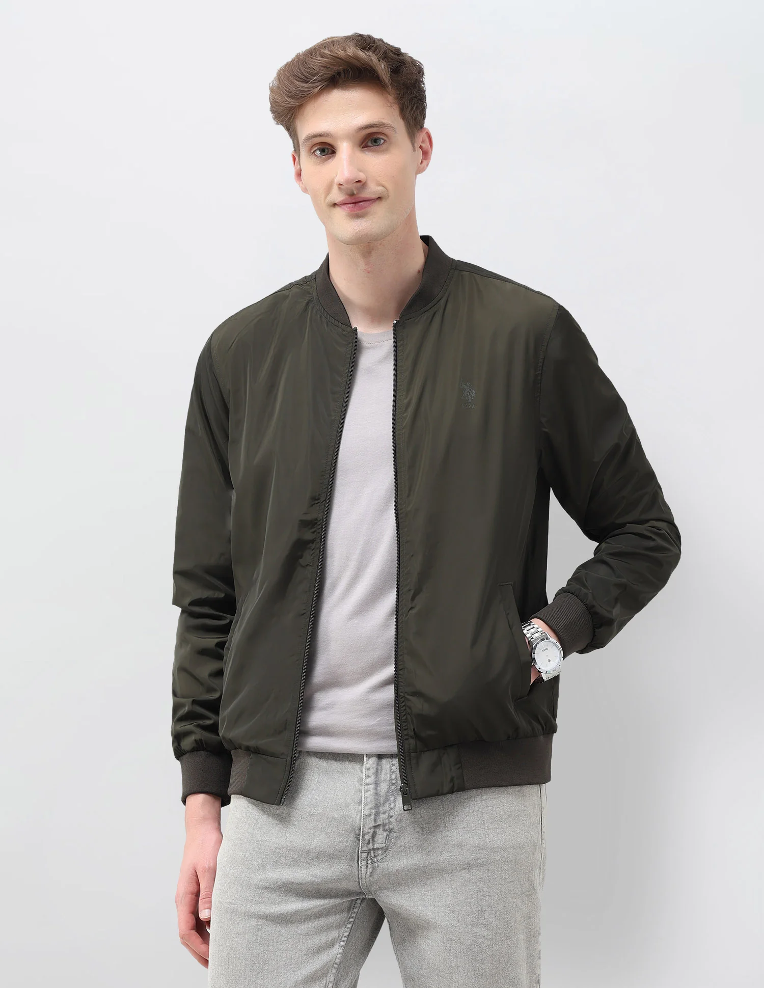 Solid Regular Fit Bomber Jacket