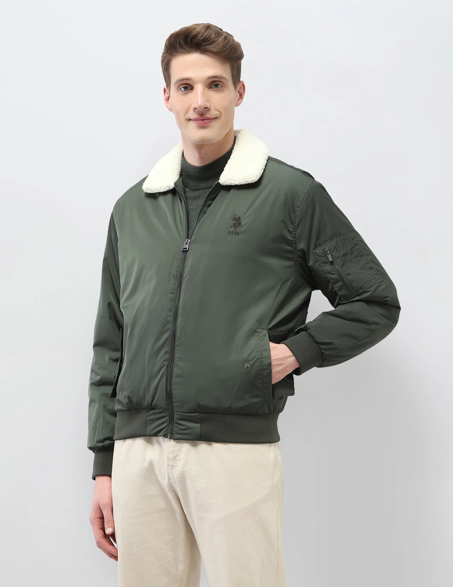 Solid Regular Fit Bomber Jacket - Image 4