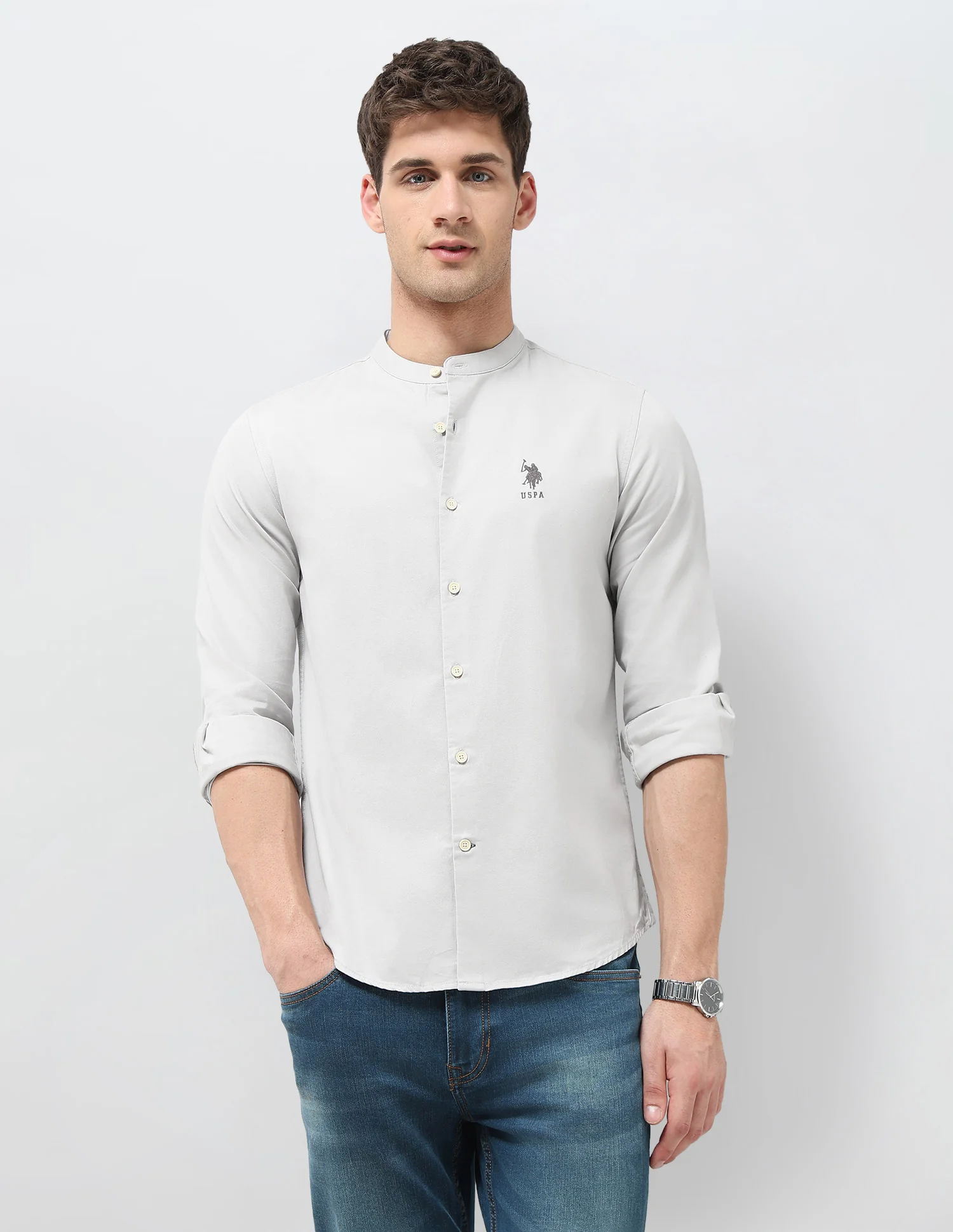 Solid Regular Fit Mandarin Shirt