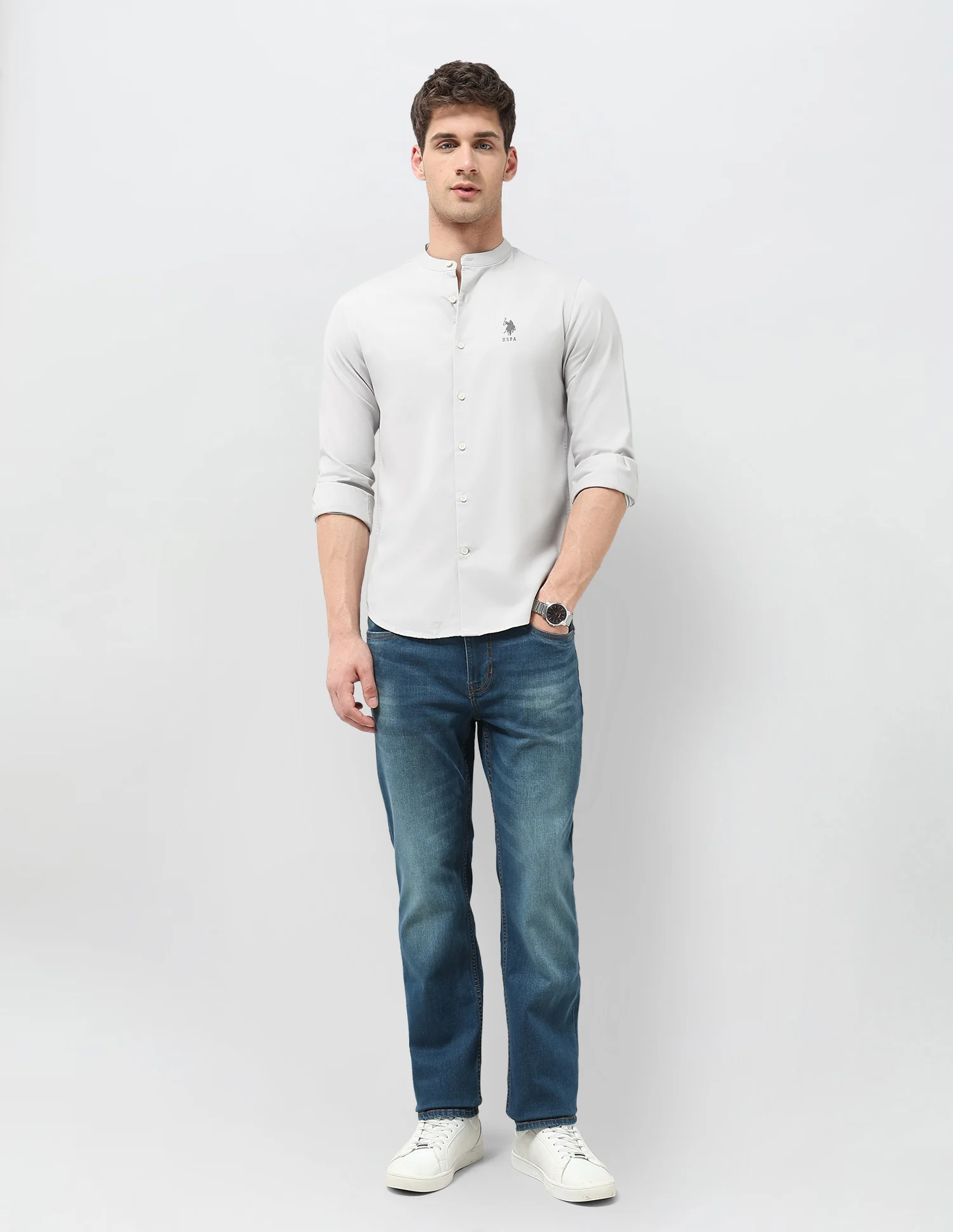 Solid Regular Fit Mandarin Shirt - Image 3